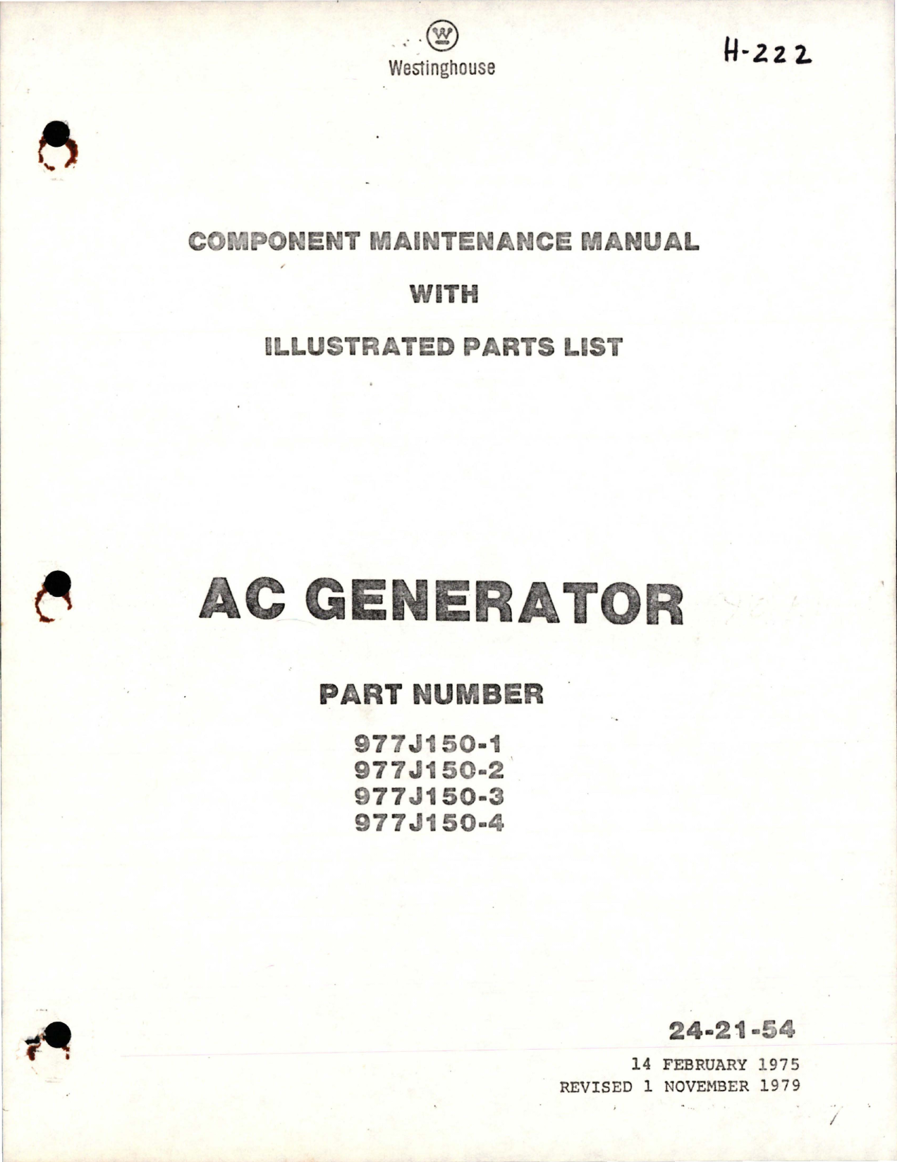Sample page 1 from AirCorps Library document: Maintenance Manual with Illustrated Parts List for AC Generator - Parts 977J150-1, 977J150-2, 977J150-3, and 977J150-4 