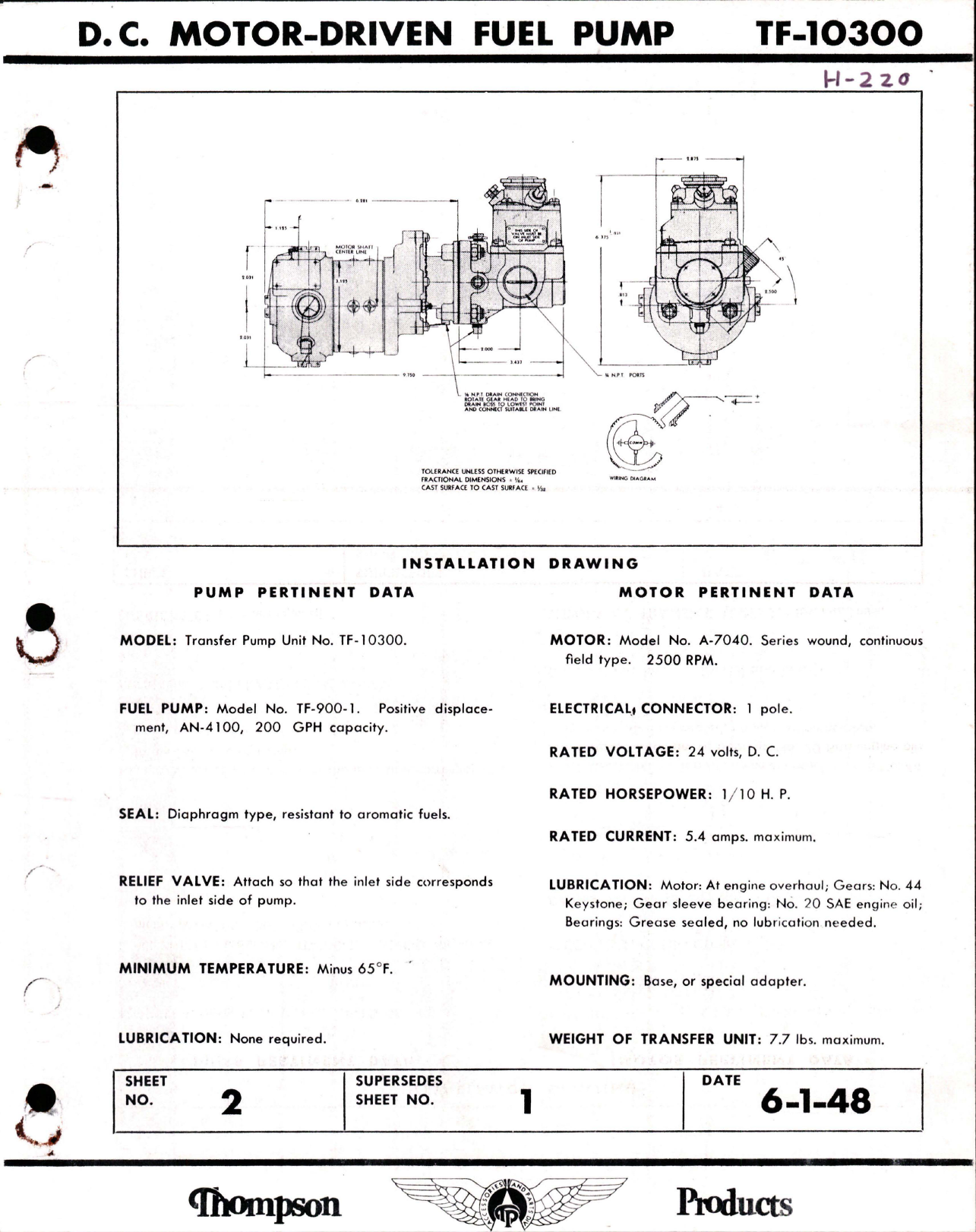 Sample page 1 from AirCorps Library document: Installation Drawing for DC Motor Driven Fuel Pump - TF-10300