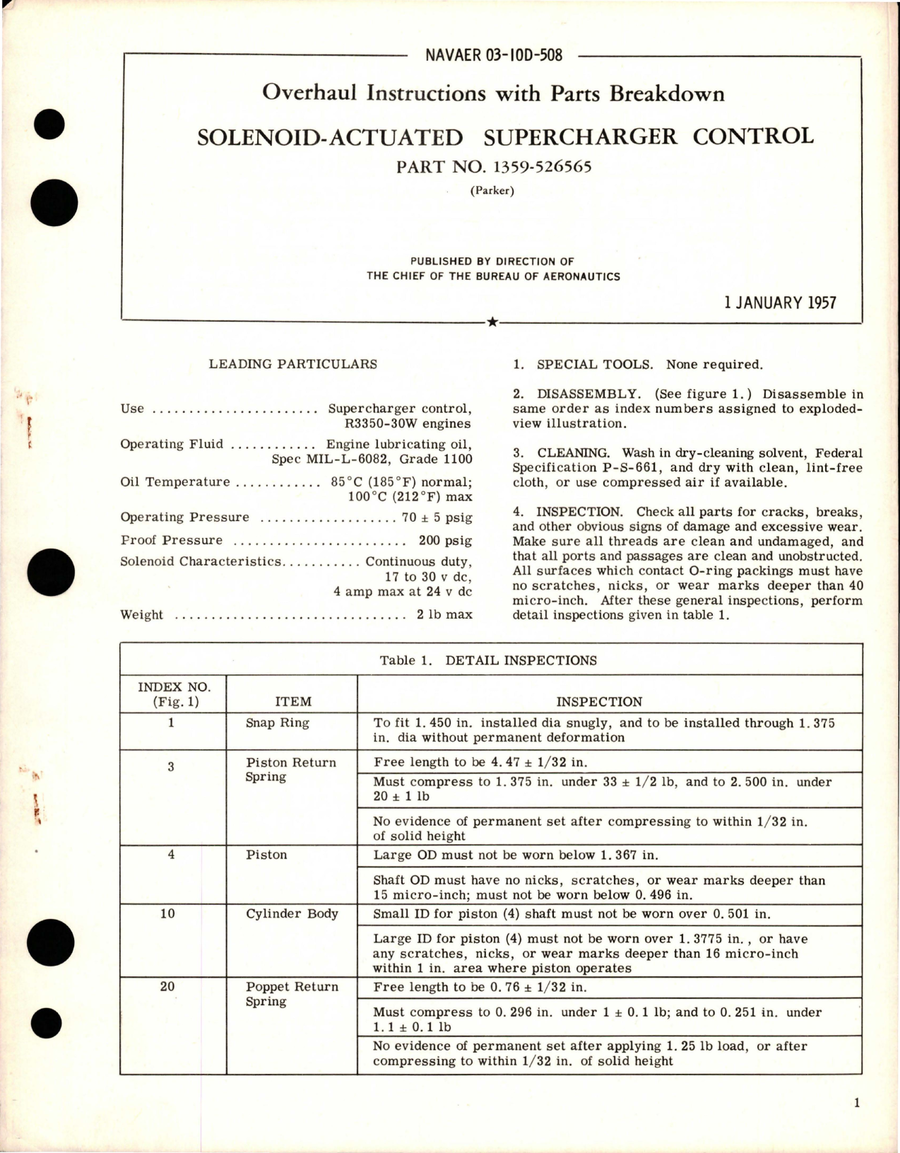 Sample page 1 from AirCorps Library document: Overhaul Instructions with Parts Breakdown for Solenoid Actuated Supercharger Control - Part 1359-526565 