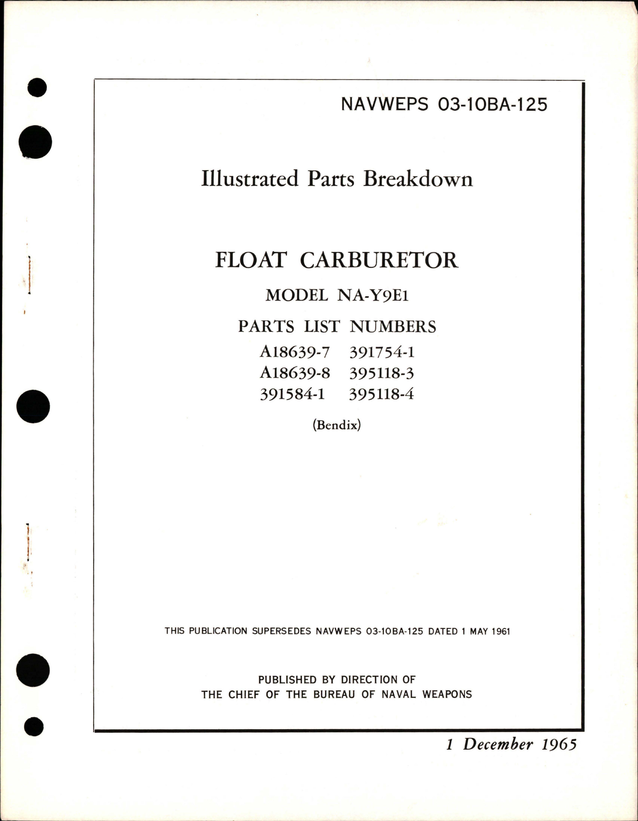 Sample page 1 from AirCorps Library document: Illustrated Parts Breakdown for Float Carburetor - Model NA-Y9E1