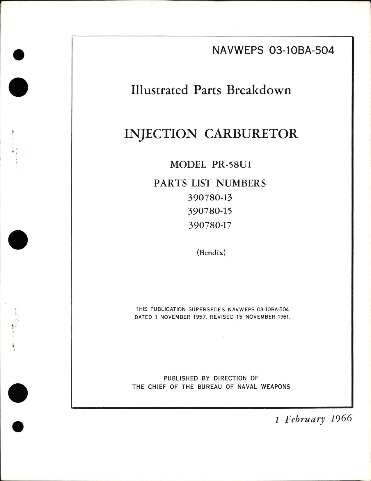 Sample page 1 from AirCorps Library document: Illustrated Parts Breakdown for Injection Carburetor - Model PR-58U1 - Parts 390780-13, 390780-15, and 390780-17