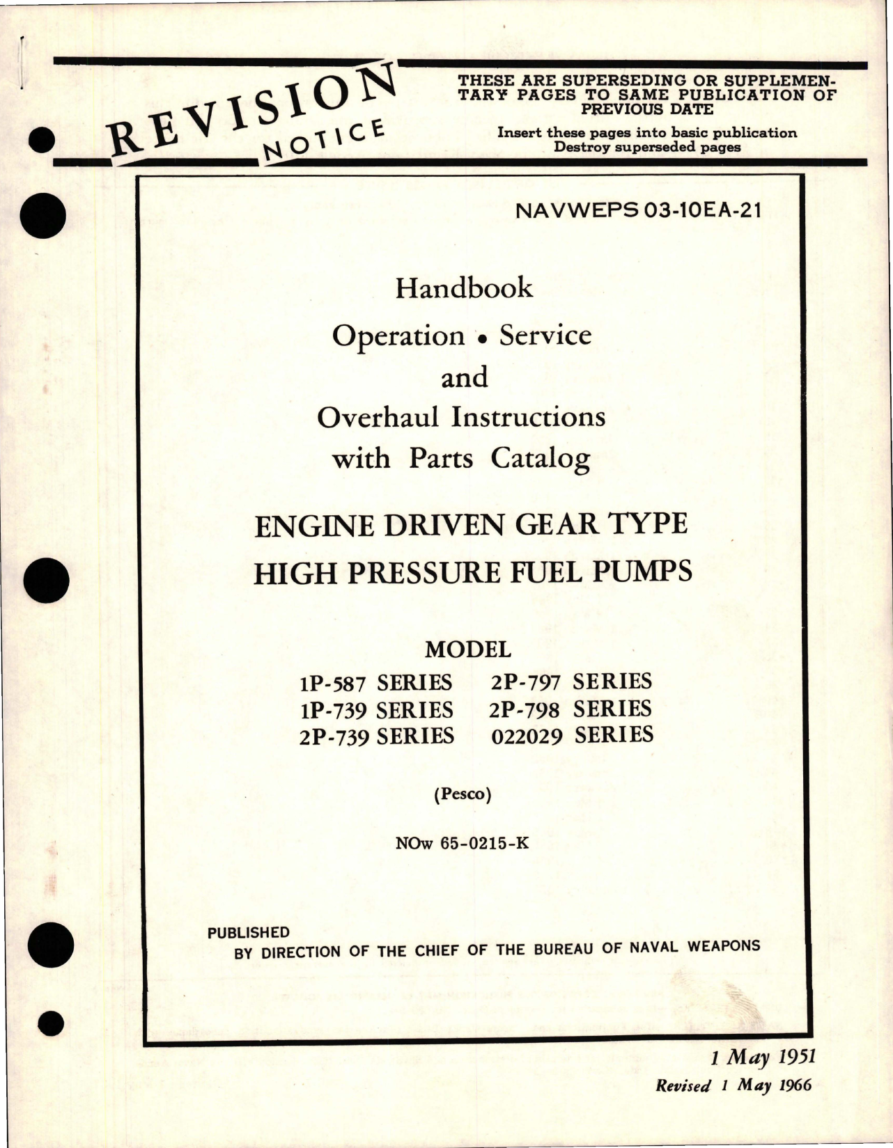 Sample page 1 from AirCorps Library document: Operation, Service and Overhaul Instructions with Parts for Engine Driven Gear Type High Pressure Fuel Pumps