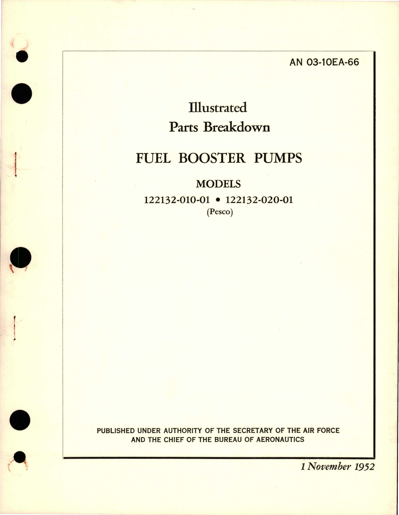 Sample page 1 from AirCorps Library document: Illustrated Parts Breakdown for Fuel Booster Pumps - Models 122132-010-01 and 122132-020-01