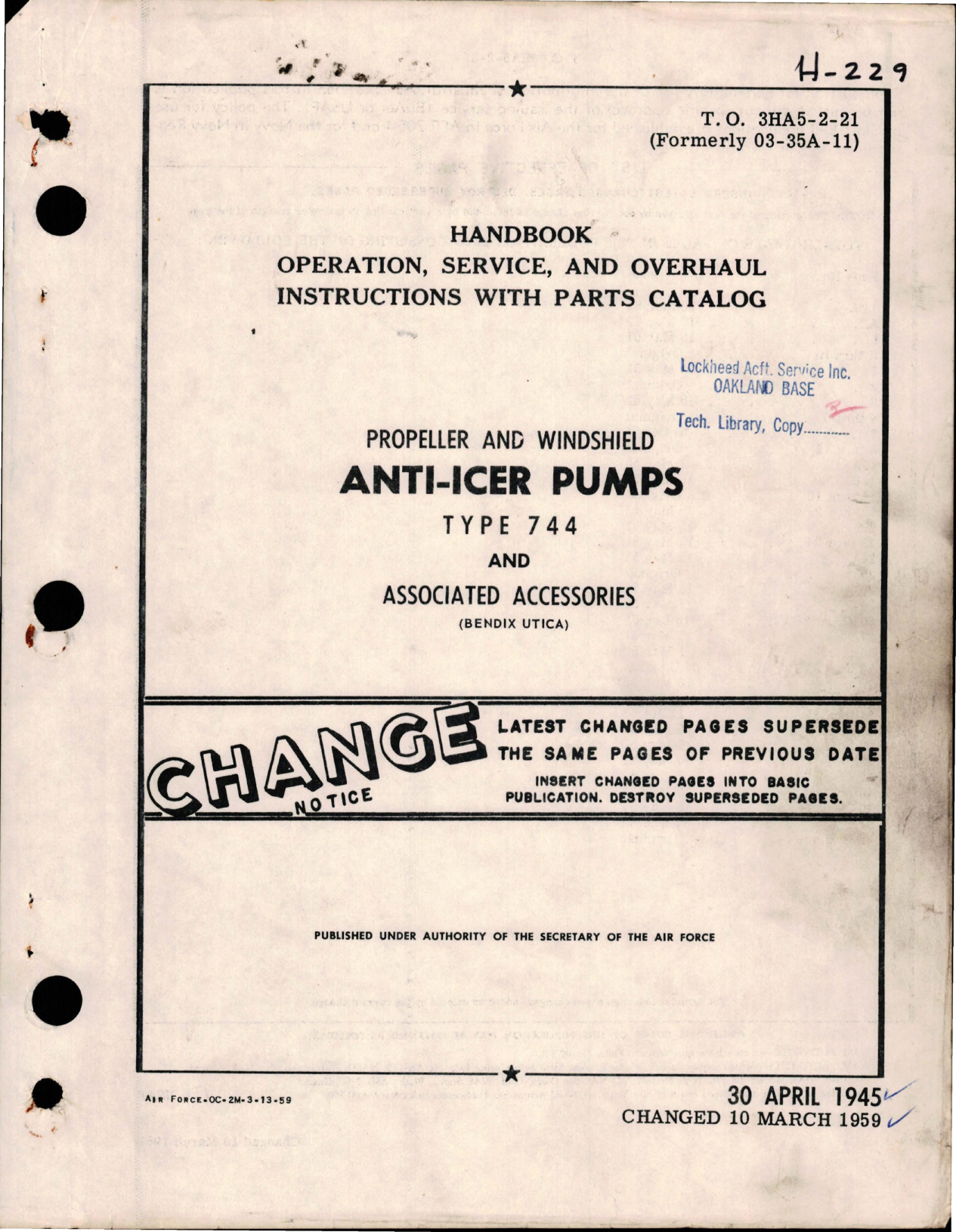 Sample page 1 from AirCorps Library document: Operation, Service and Overhaul Instructions with Parts Catalog for Propeller and Windshield Anti-Icer Pumps - Type 744