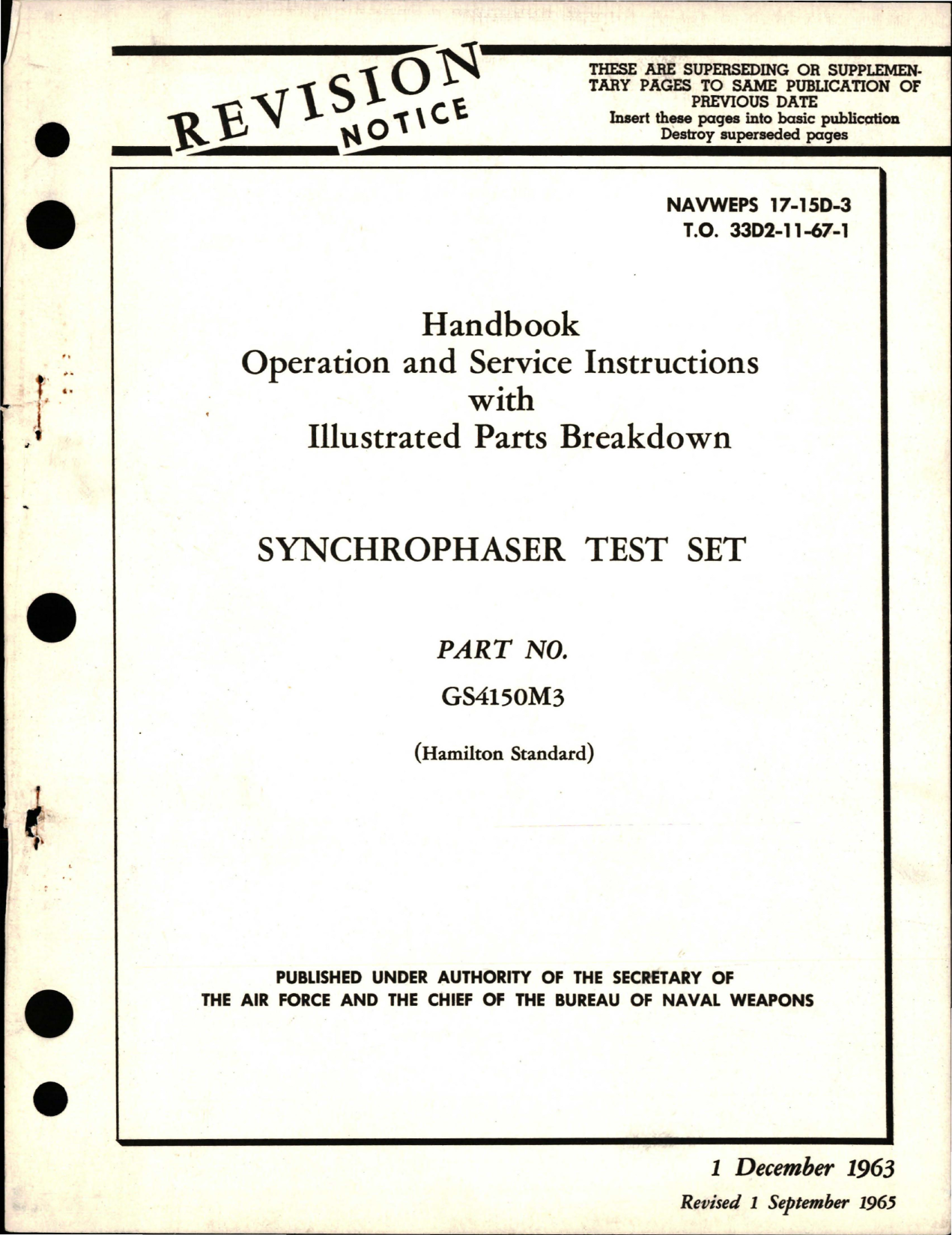 Sample page 1 from AirCorps Library document: Operation, Service Instructions with Parts for Synchrophaser Test Set - Part GS4150M3