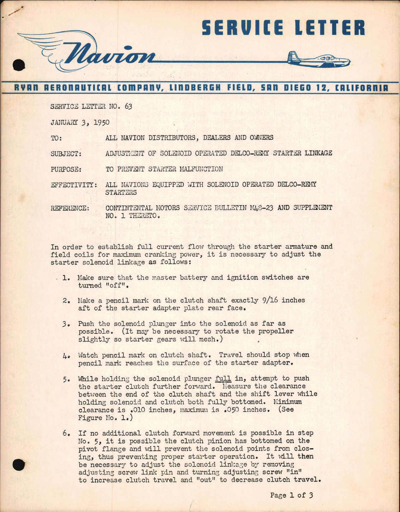 Sample page 1 from AirCorps Library document: Adjustment of Solenoid Operated Delco-Remy Starter Linkage