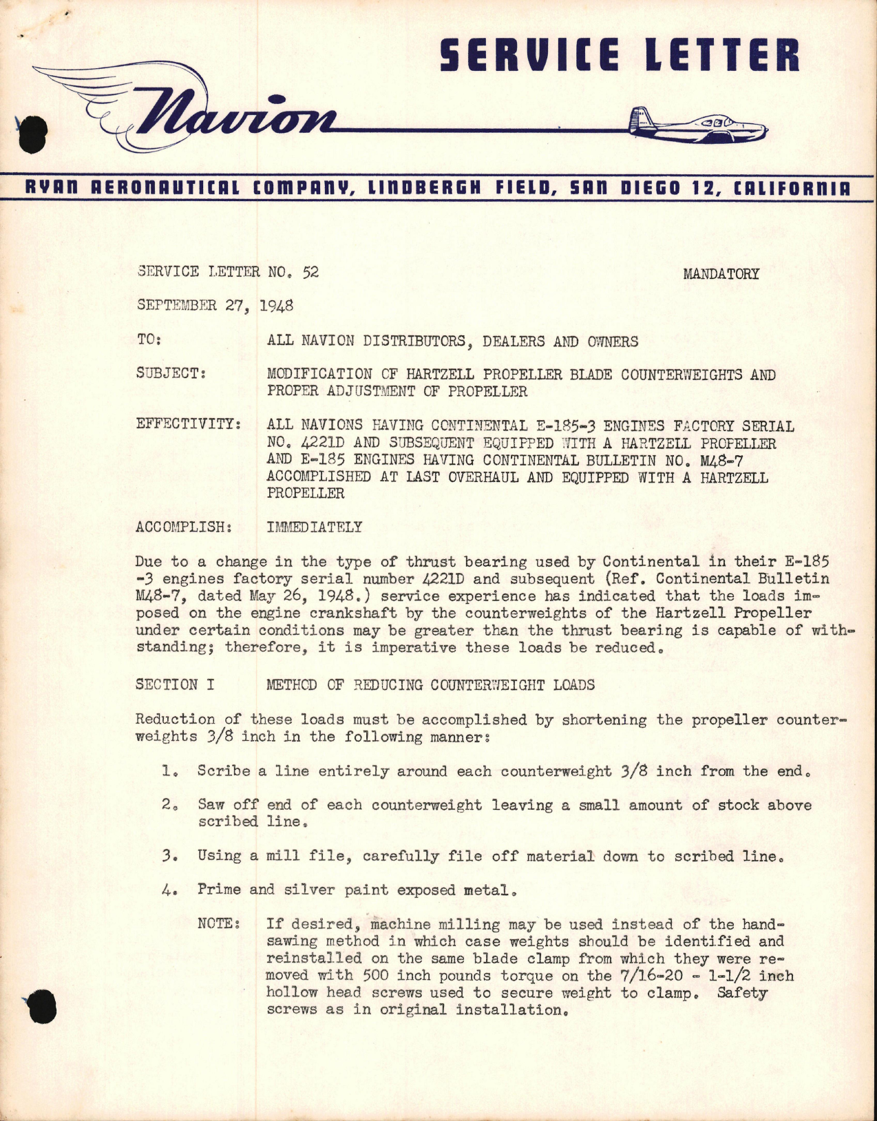 Sample page 1 from AirCorps Library document: Modification of Hartzell Propeller Blade Counterweights and Proper Adjustment of Propeller