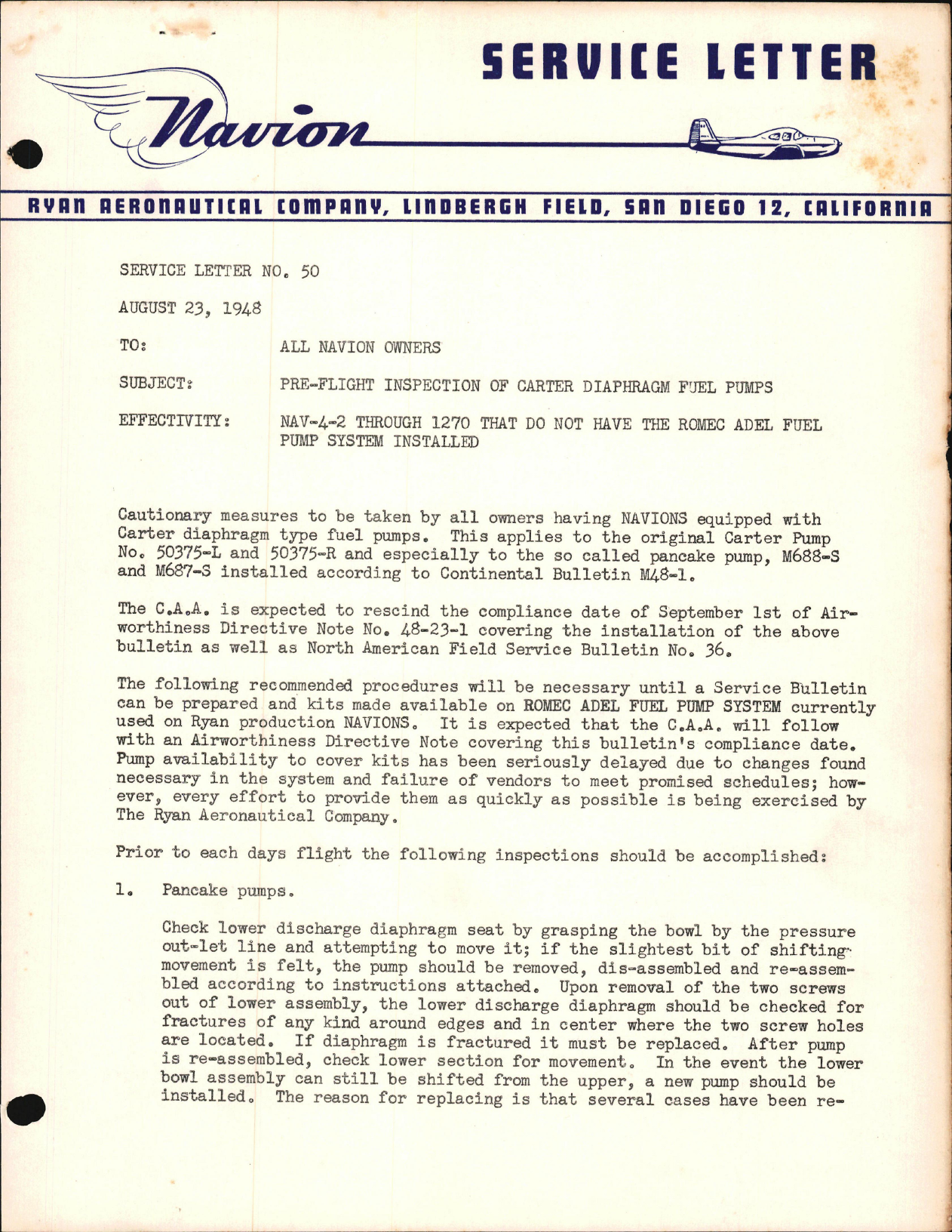 Sample page 1 from AirCorps Library document: Pre-Flight Inspection of Carter Diaphragm Fuel Pumps