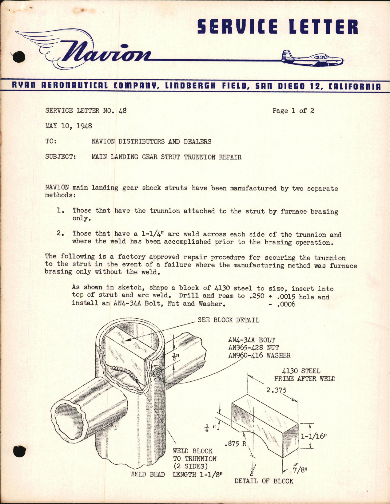 Sample page 1 from AirCorps Library document: Main Landing Gear Strut Trunnion Repair