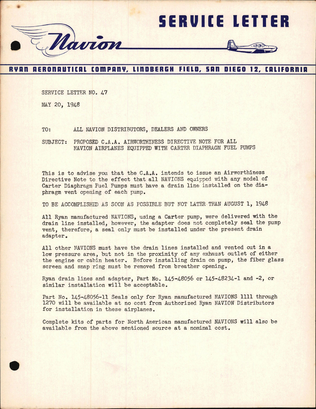 Sample page 1 from AirCorps Library document: Proposed C.A.A. Airworthiness Directive Note for all Navion Equipped with Carter Diaphragm Fuel Pumps