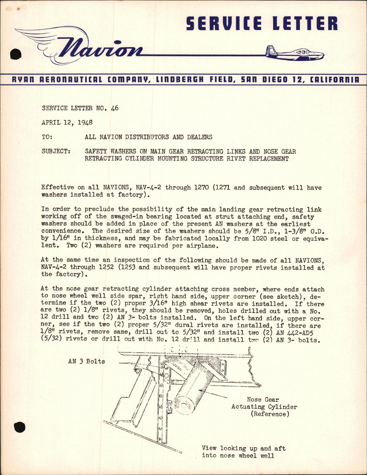 Sample page 1 from AirCorps Library document: Safety Washers on Main Gear Retracting Links and Nose Gear Retracting Cylinder Mounting Structure Rivet Replacement