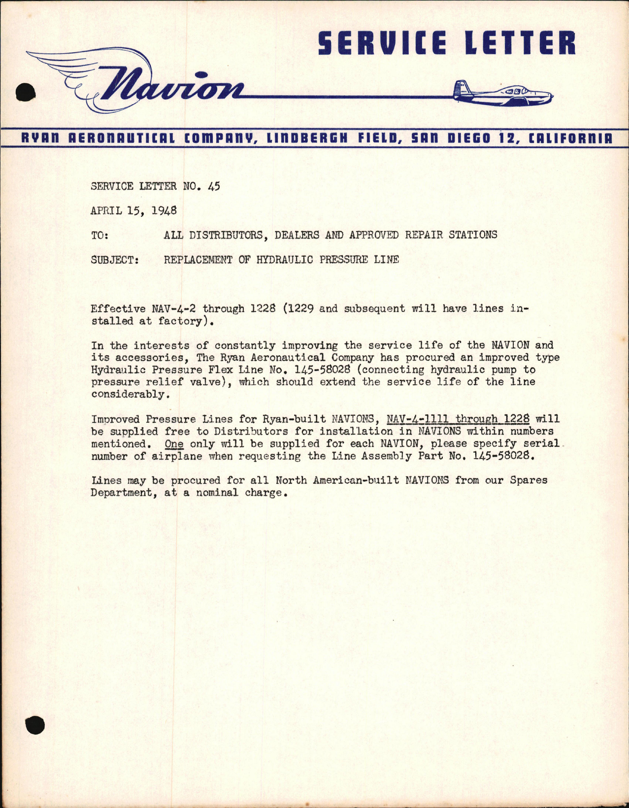 Sample page 1 from AirCorps Library document: Replacement of Hydraulic Pressure Line