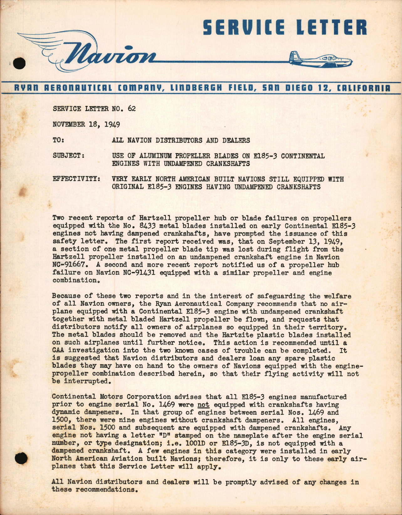 Sample page 1 from AirCorps Library document: Use of Aluminum Propeller Blades on E185-3 Continental Engines with Undampened Crankshafts