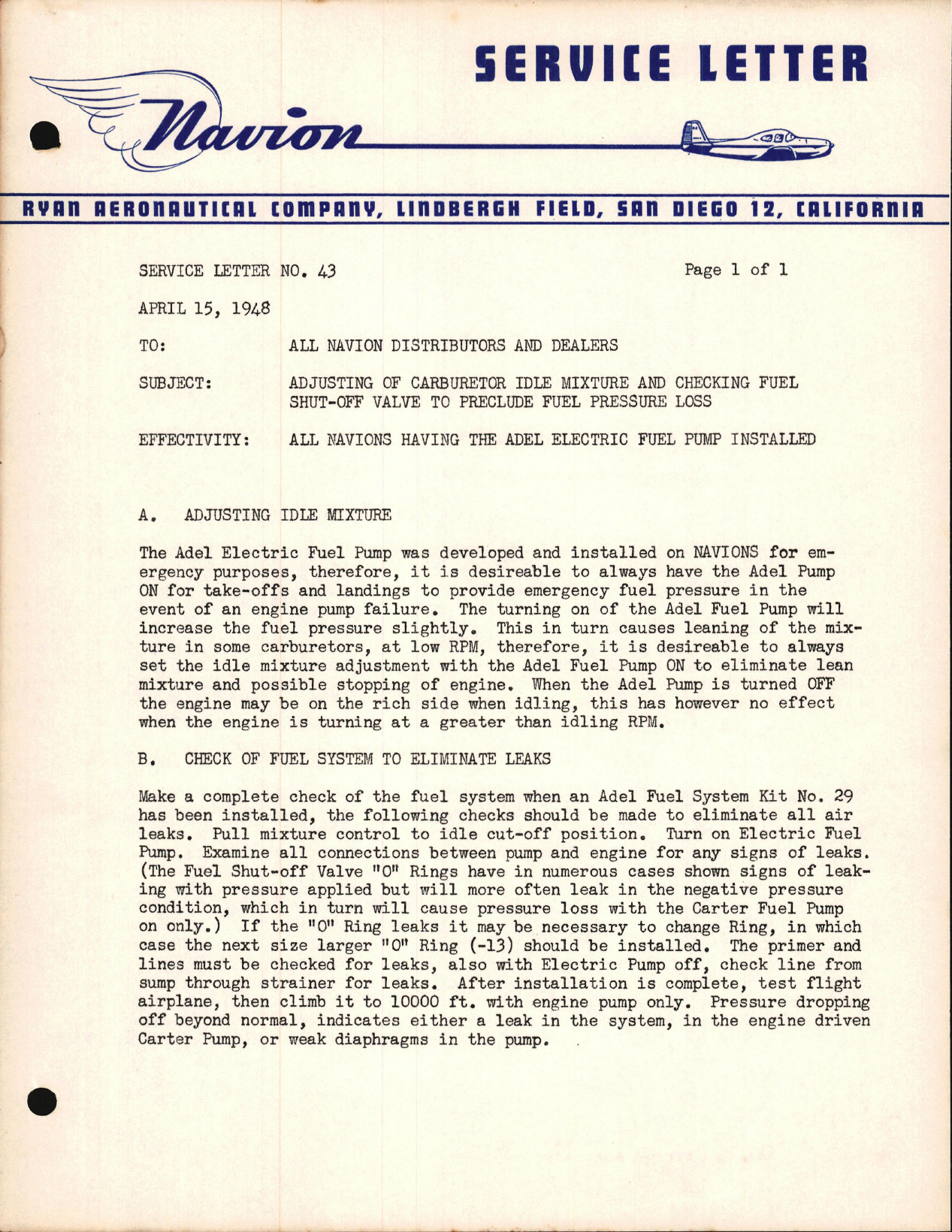 Sample page 1 from AirCorps Library document: Adjusting of Carburetor Idle Mixture and Checking Fuel Shut-Off Valve to Preclude Fuel Pressure Loss