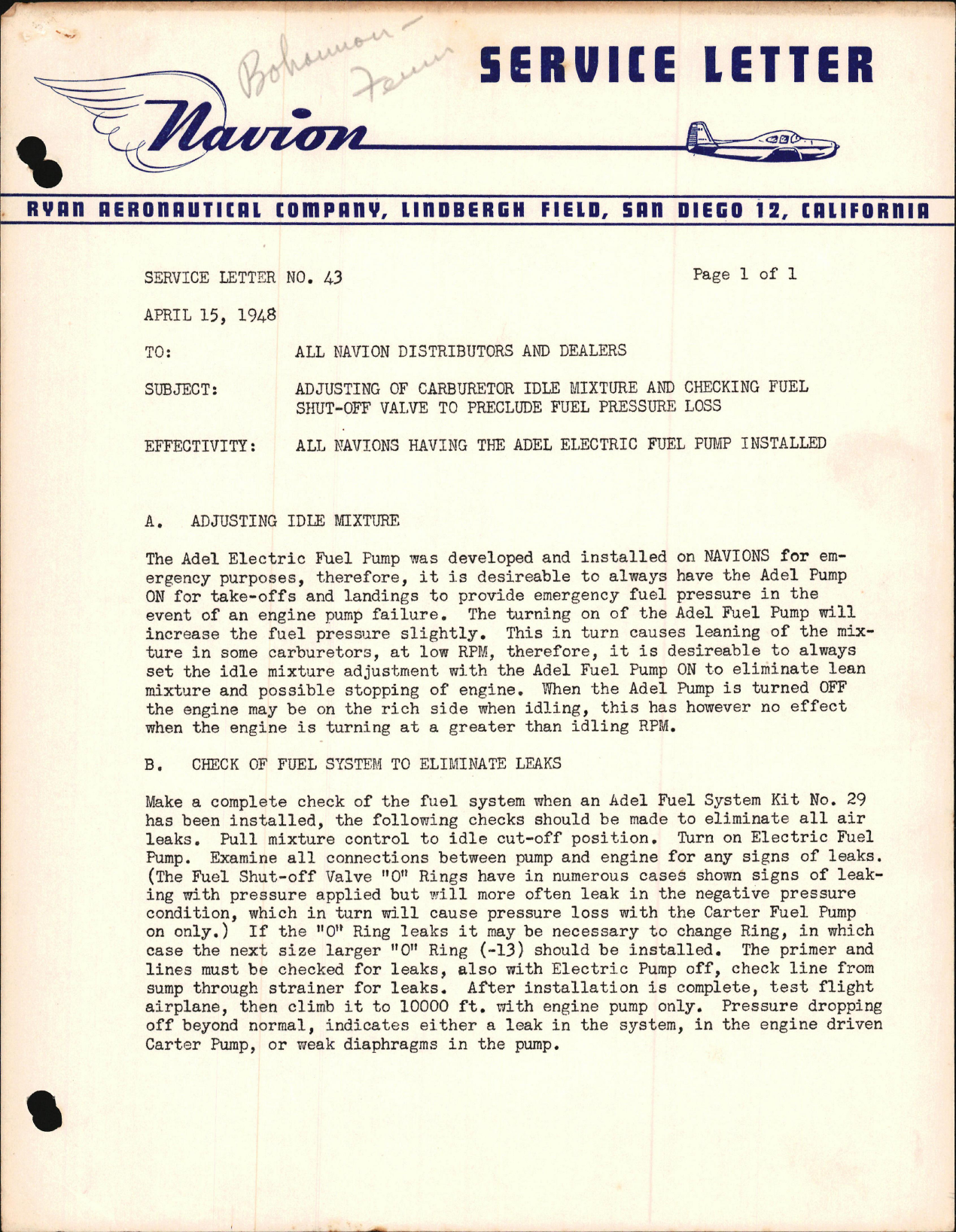 Sample page 1 from AirCorps Library document: Adjusting of Carburetor Idle Mixture and Checking Fuel Shut-Off