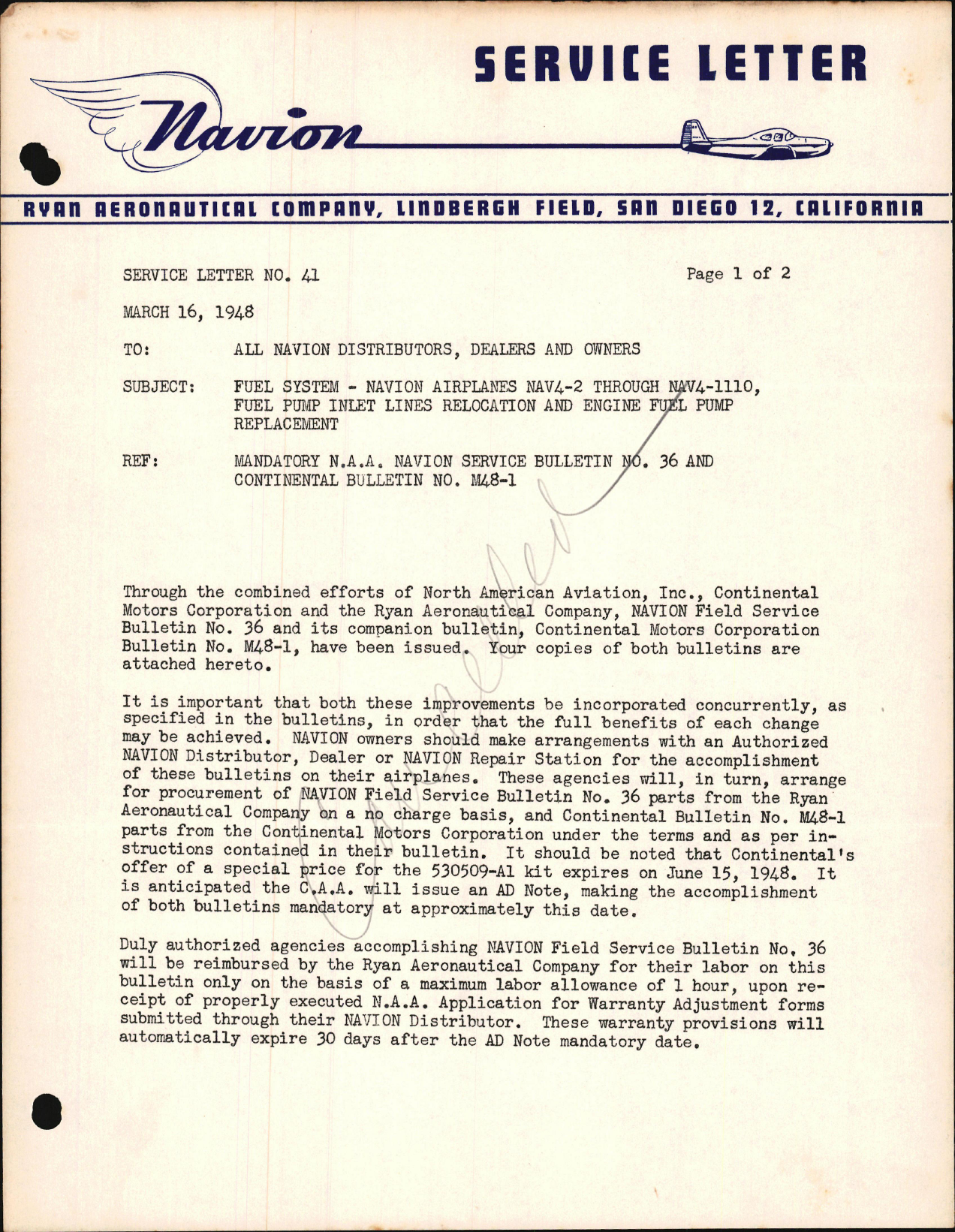 Sample page 1 from AirCorps Library document: Fuel System - NAV4-2 Through NAV4-1110, Fuel Pump Inlet Lines Relocation & Engine Fuel Pump Replacement