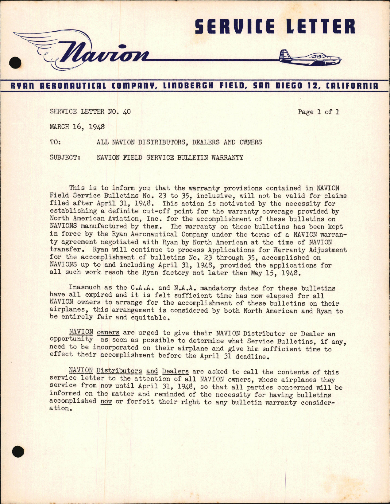 Sample page 1 from AirCorps Library document: Navion Field Service Bulletin Warranty