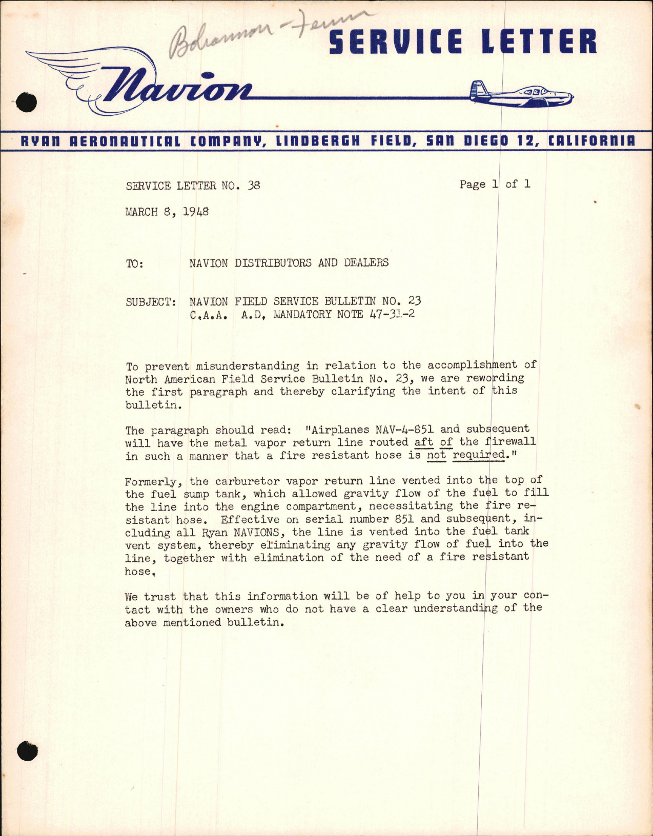 Sample page 1 from AirCorps Library document: Navion Field Service Bulletin No. 23 C.A.A. A.D. Mandatory Note 47-31-2