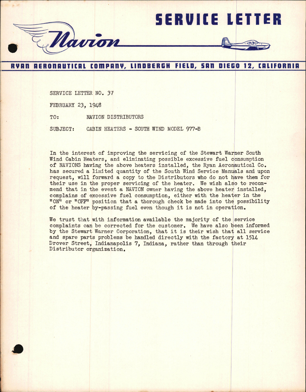 Sample page 1 from AirCorps Library document: Cabin Heaters - South Wind Model 977-B