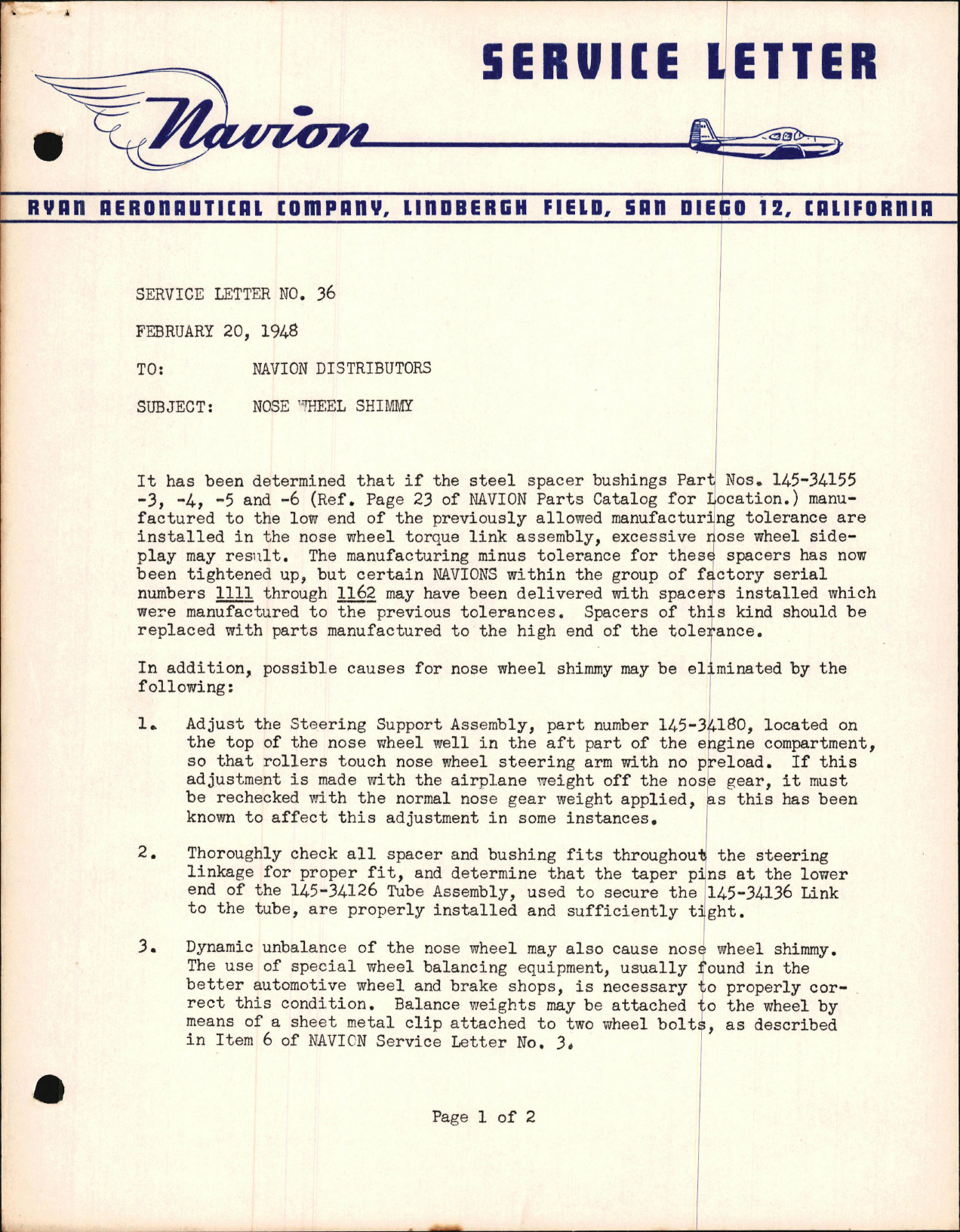 Sample page 1 from AirCorps Library document: Nose Wheel Shimmy