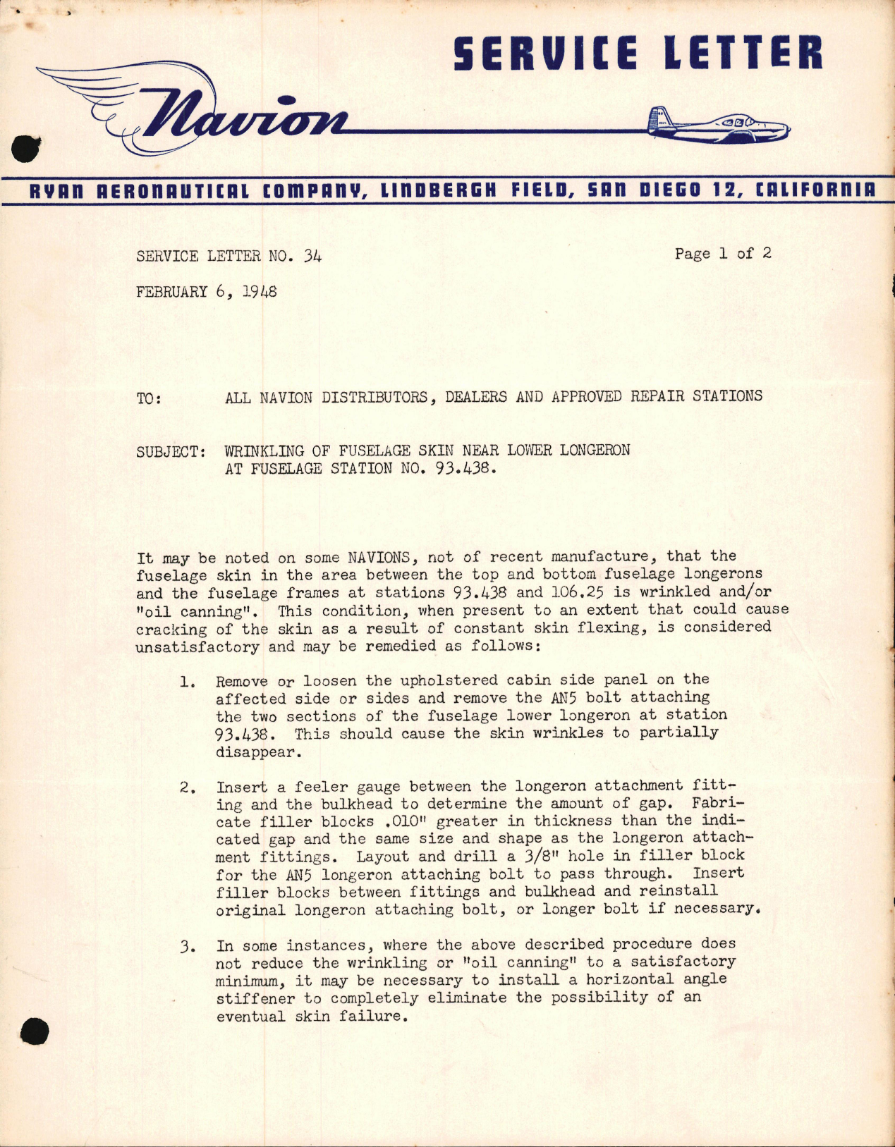 Sample page 1 from AirCorps Library document: Wrinkling of Fuselage Skin Near Lower Longeron at Fuselage Station No. 93.438