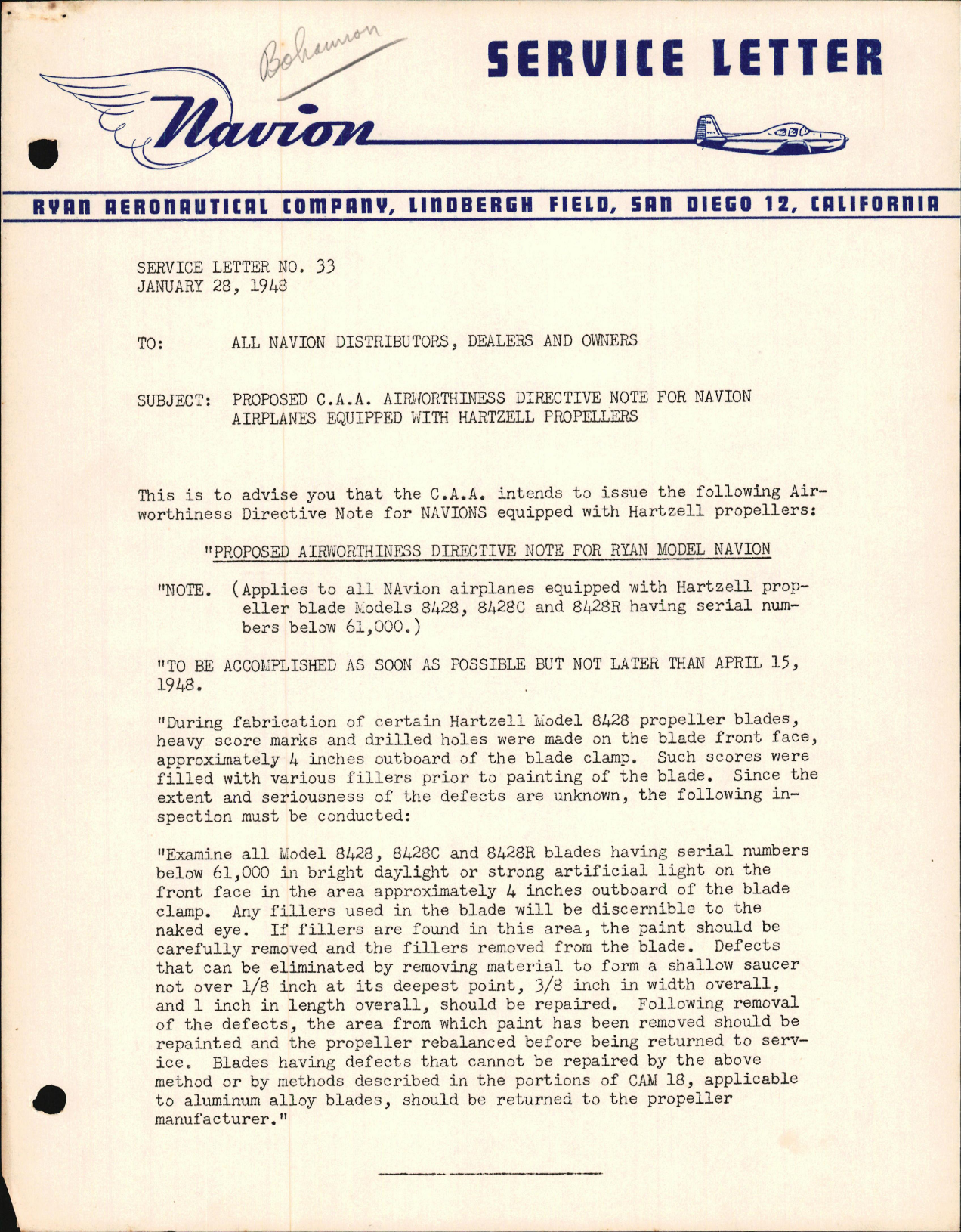 Sample page 1 from AirCorps Library document: Proposed C.A.A. Airworthiness Directive Note for Navion Eqipped with Hartzell Propellers
