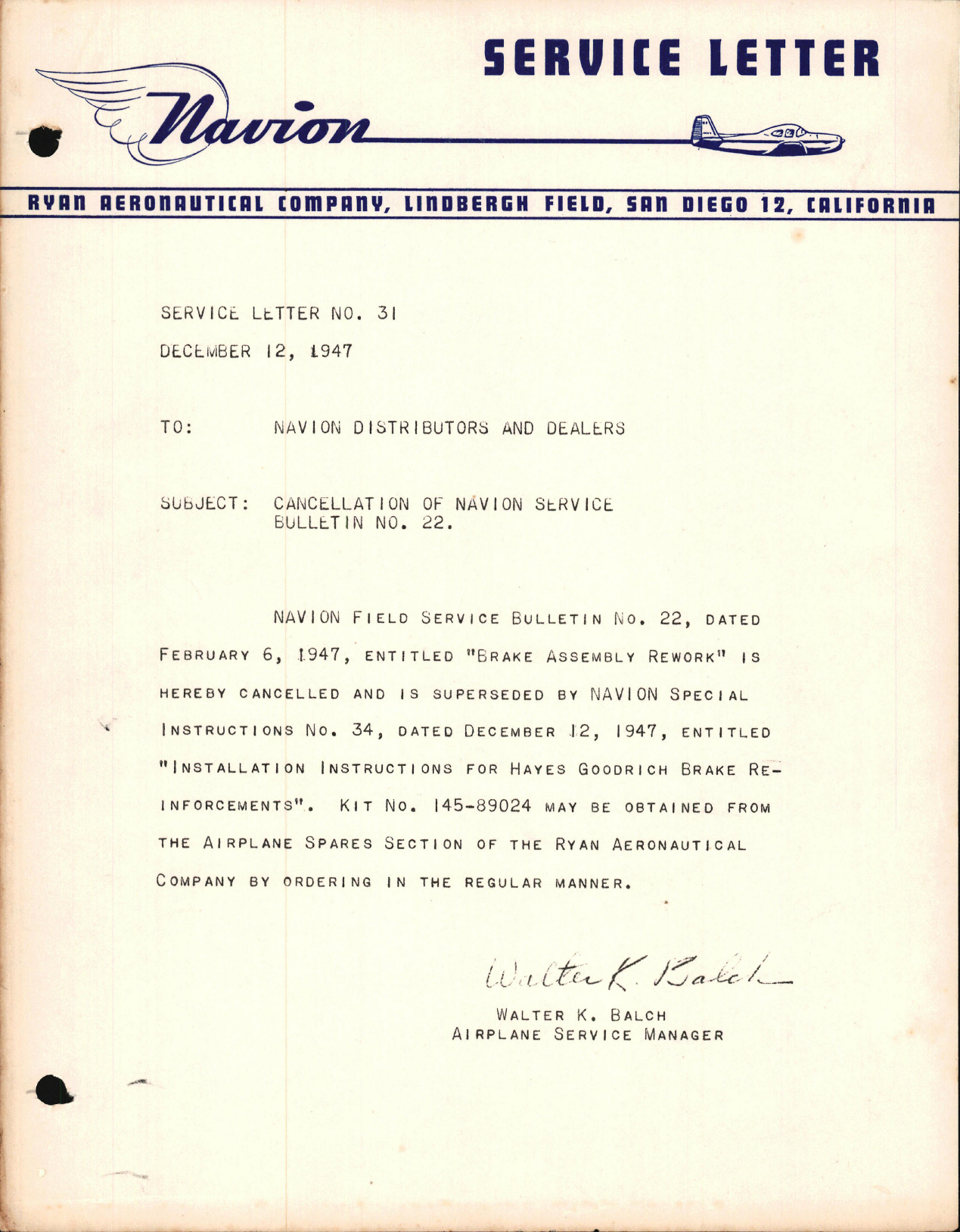 Sample page 1 from AirCorps Library document: Cancellation of Navion Service Bulletin No. 22