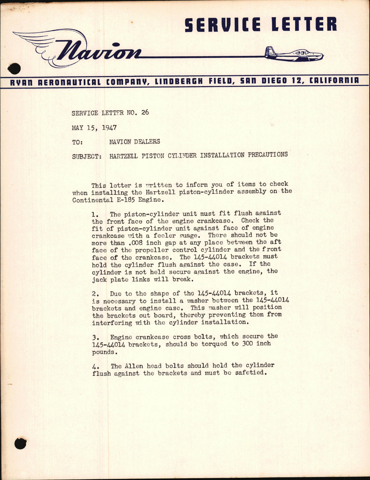 Sample page 1 from AirCorps Library document: Hartzell Piston Cylinder Installation Precautions