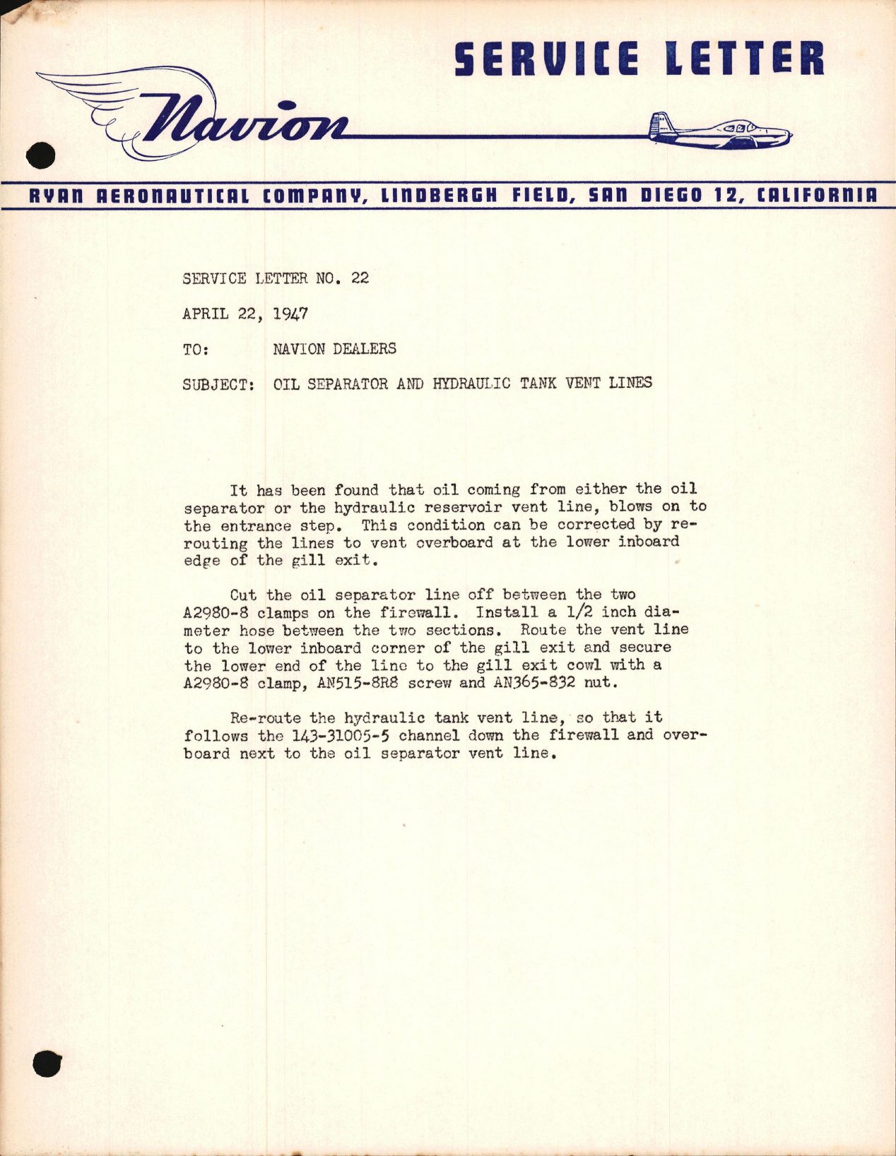 Sample page 1 from AirCorps Library document: Oil Separator and Hydraulic Tank Vent Lines