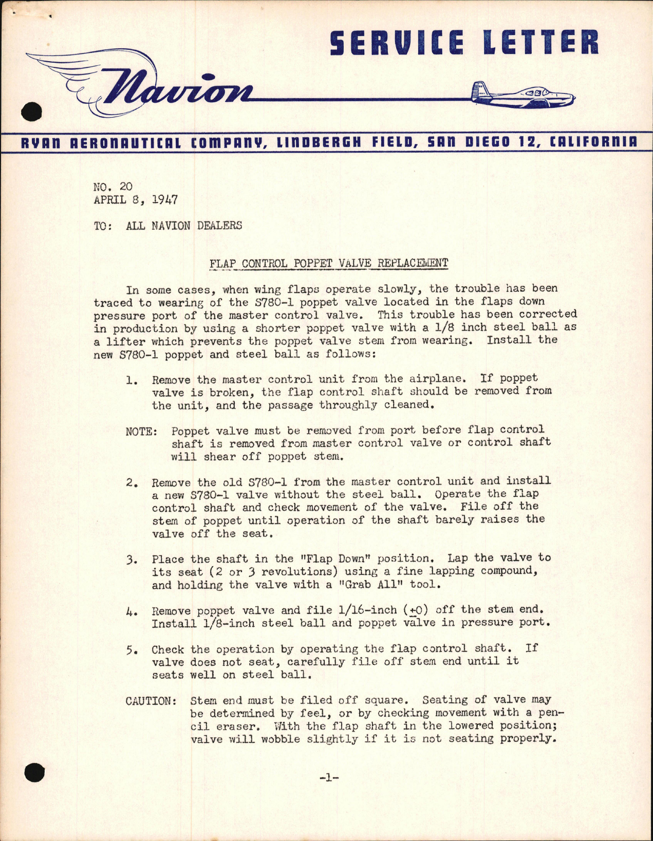 Sample page 1 from AirCorps Library document: Flap Control Poppet Valve Replacement