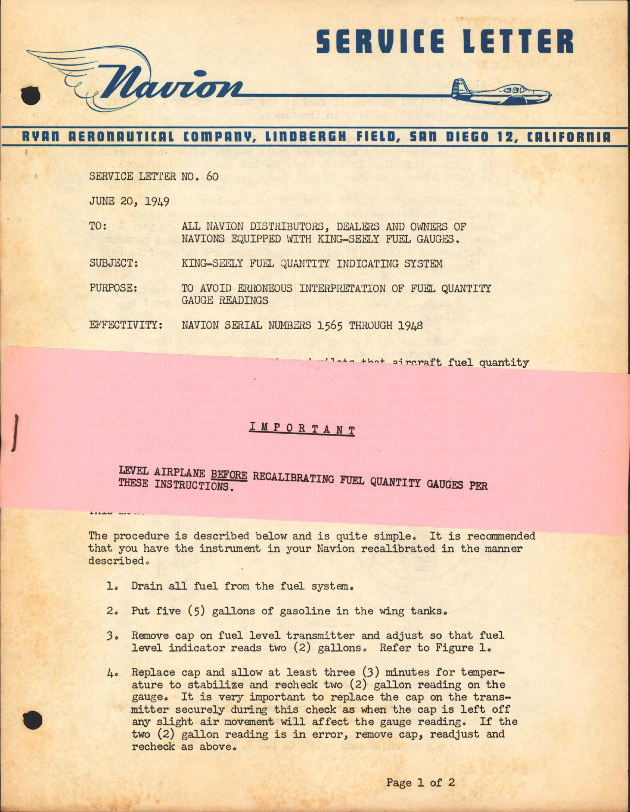 Sample page 1 from AirCorps Library document: King-Seely Fuel Quantity Indicating System