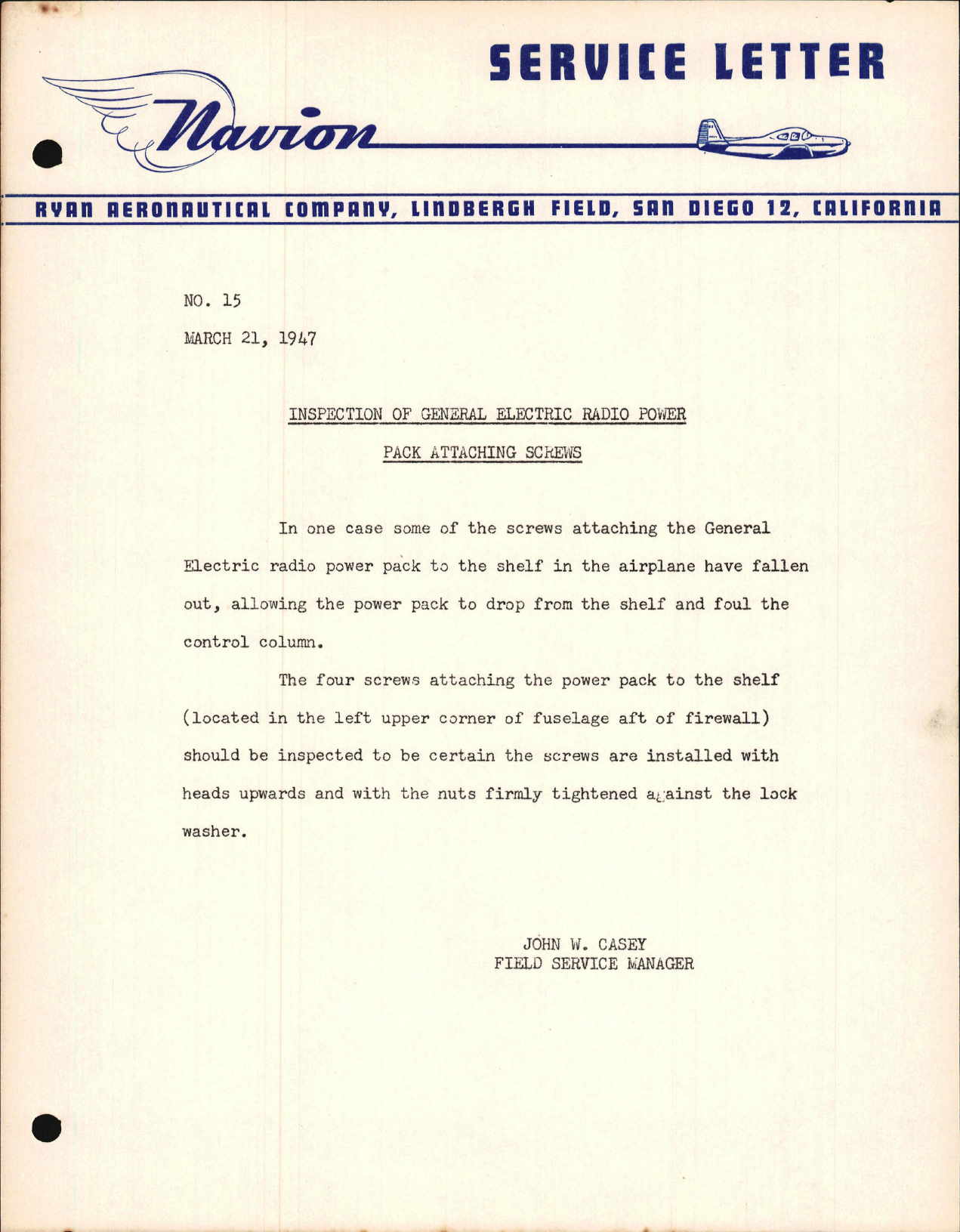 Sample page 1 from AirCorps Library document: Inspection of General Electric Radio Power Pack Attaching Screws