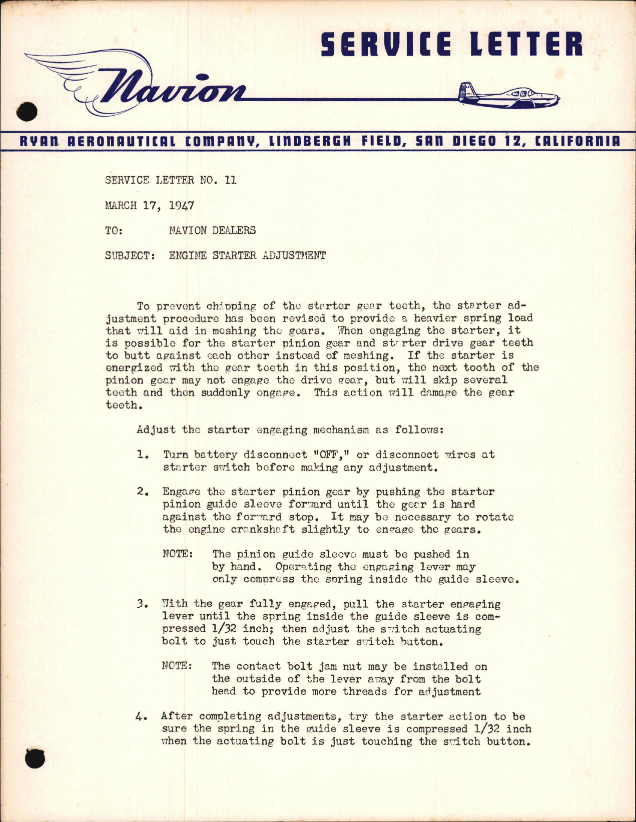 Sample page 1 from AirCorps Library document: Engine Starter Adjustment