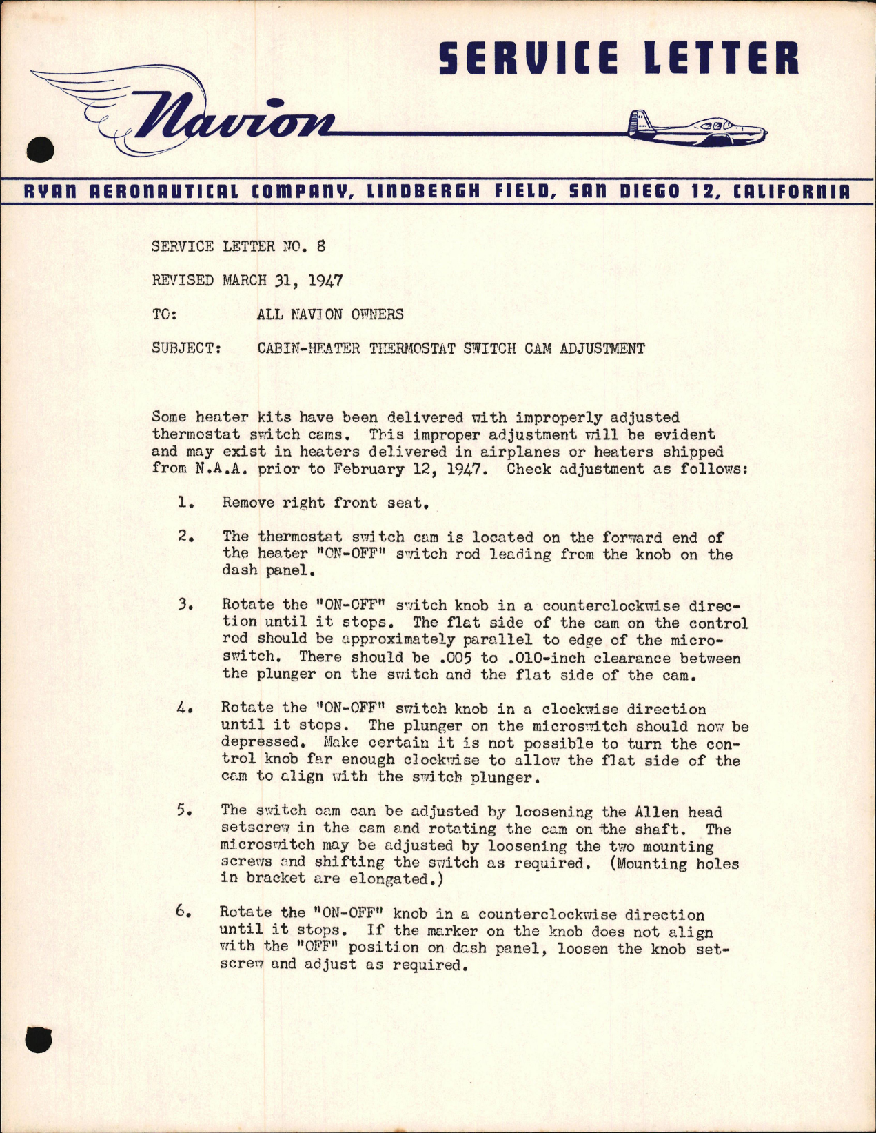 Sample page 1 from AirCorps Library document: Cabin Heater Thermostat Switch Cam Adjustment