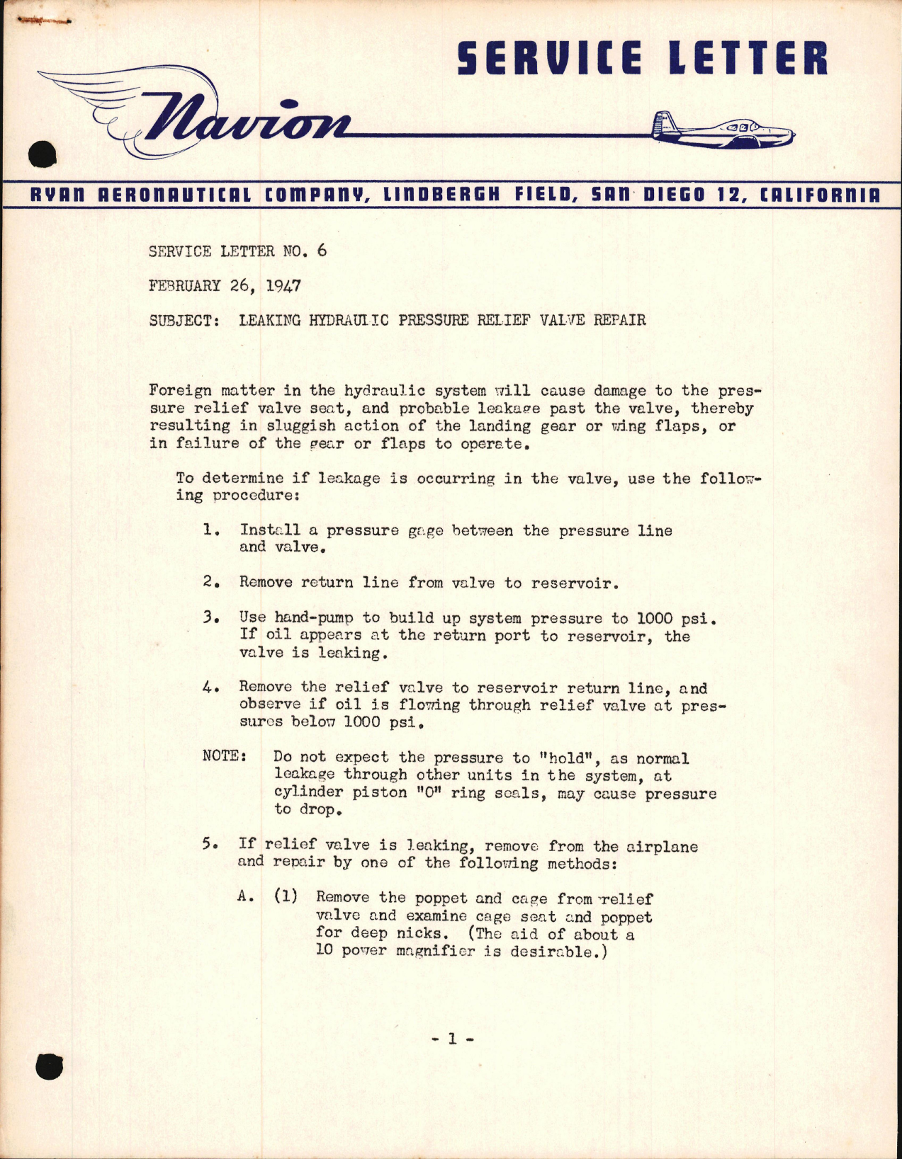 Sample page 1 from AirCorps Library document: Leaking Hydraulic Pressure Relief Valve Repair