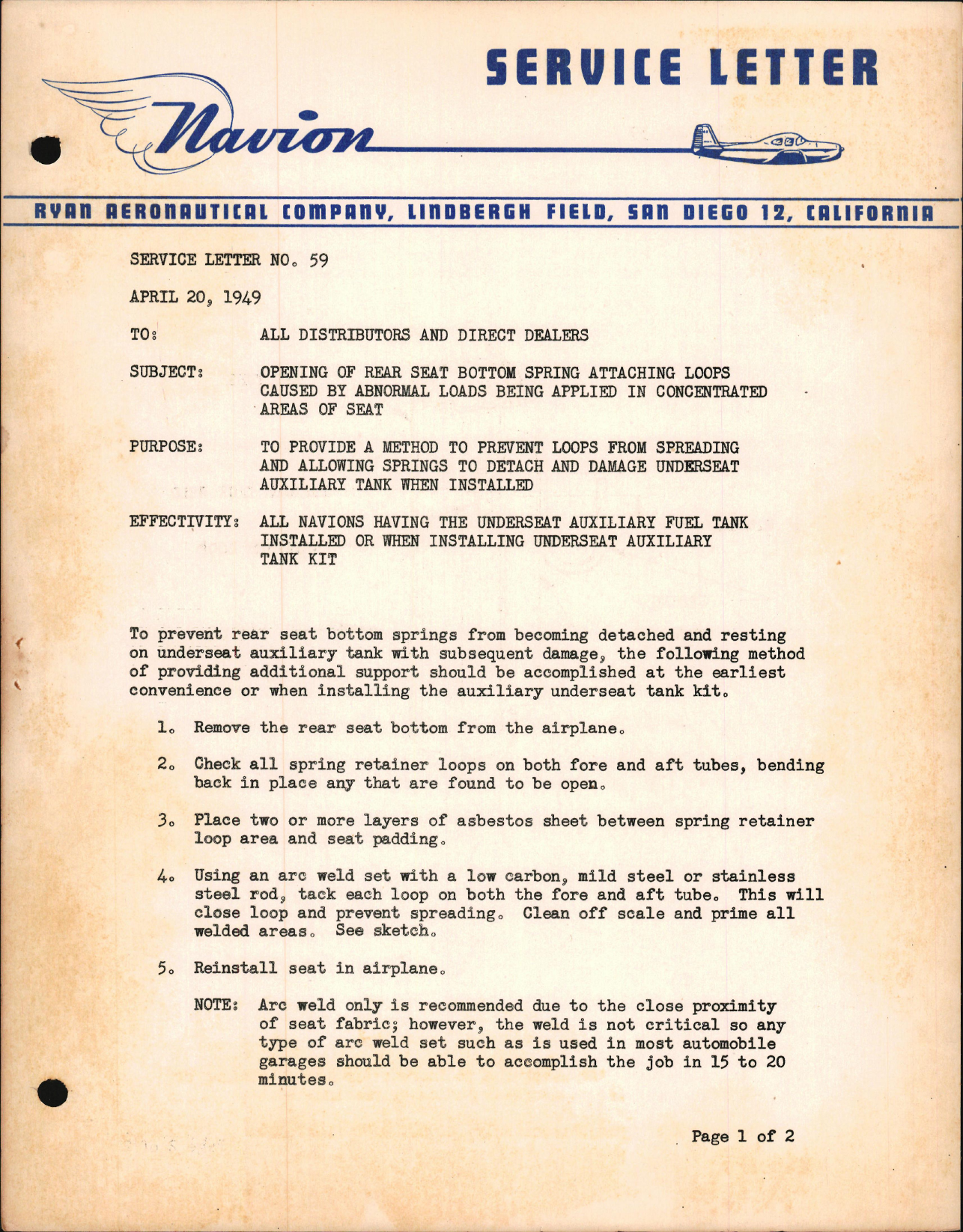 Sample page 1 from AirCorps Library document: Opening of Rear Seat Bottom Spring Attaching Loops caused by Abnormal Loads being Applied in Concentrated Areas of Seat