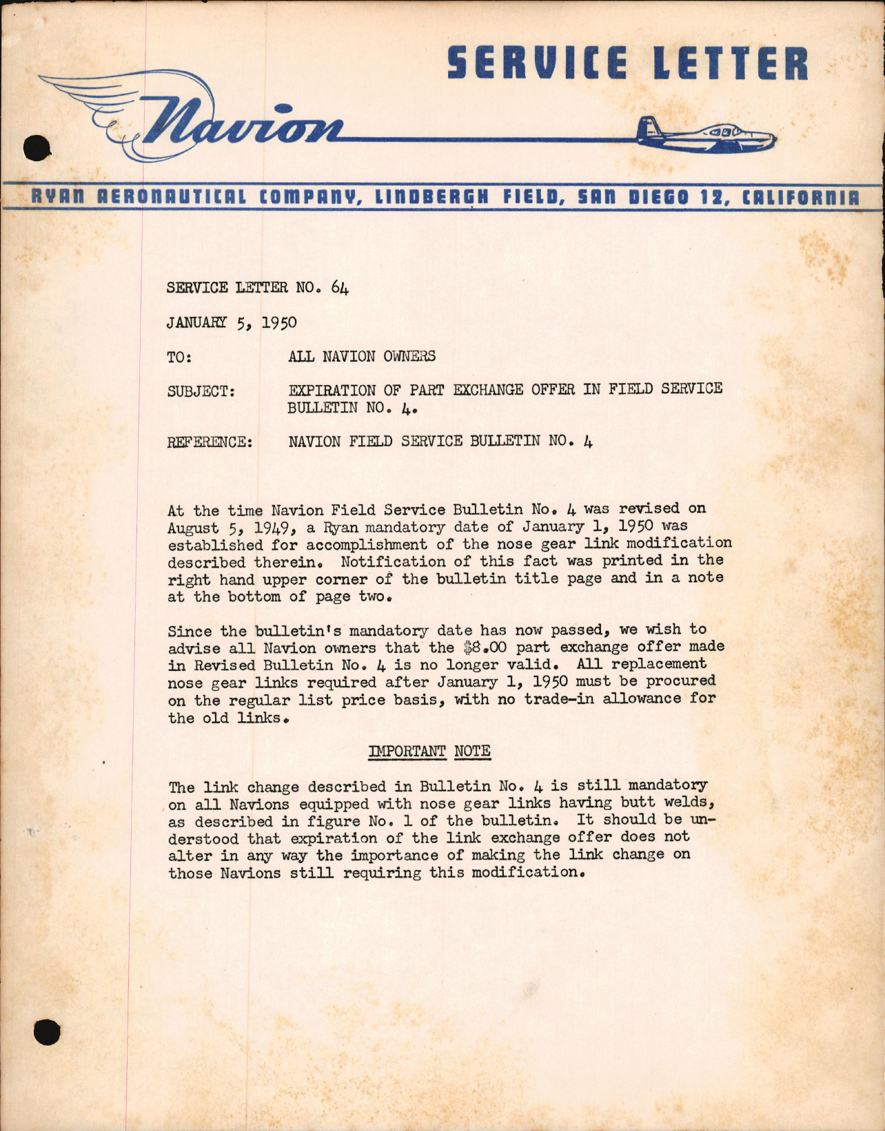 Sample page 1 from AirCorps Library document: Expiration of Part Exchange Offer in Field Service Bulletin No. 4