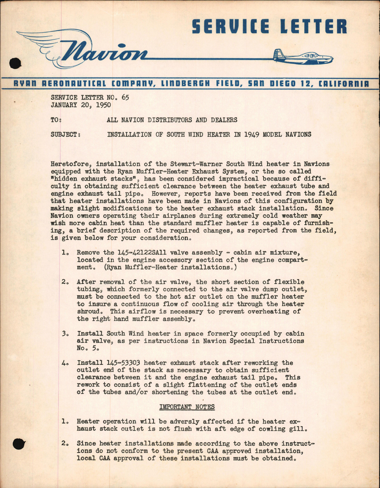 Sample page 1 from AirCorps Library document: Installation of South Wind Heater in 1949 Model Navions