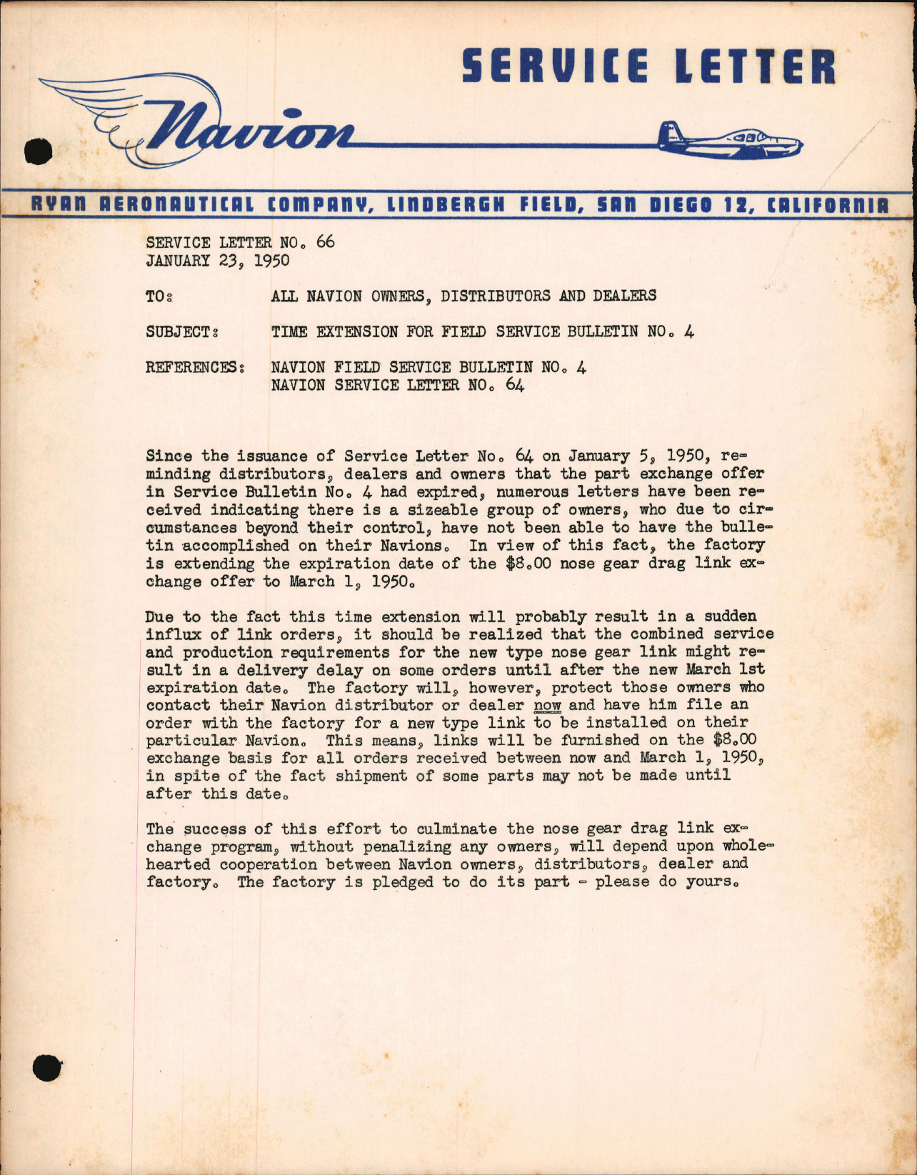 Sample page 1 from AirCorps Library document: Time Extension for Field Service Bulletin No. 4