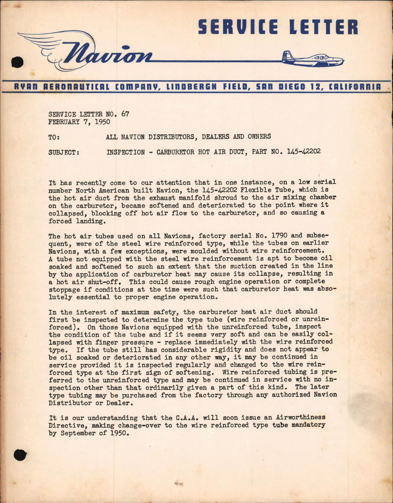 Sample page 1 from AirCorps Library document: Inspection - Carburetor Hot Air Duct, Part No. 145-42202