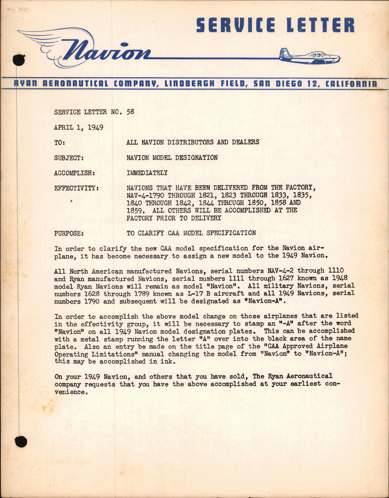 Sample page 1 from AirCorps Library document: Navion Model Designation