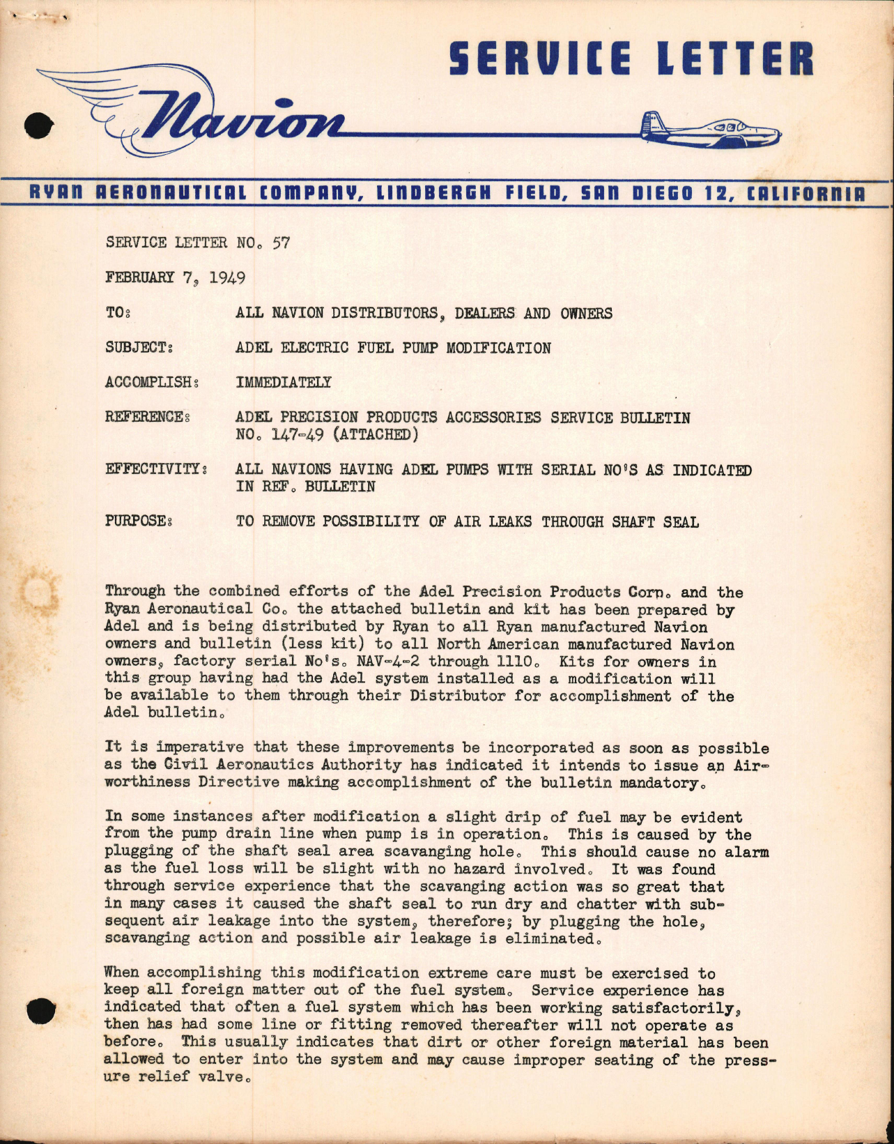 Sample page 1 from AirCorps Library document: Adel Electric Fuel Pump Modification