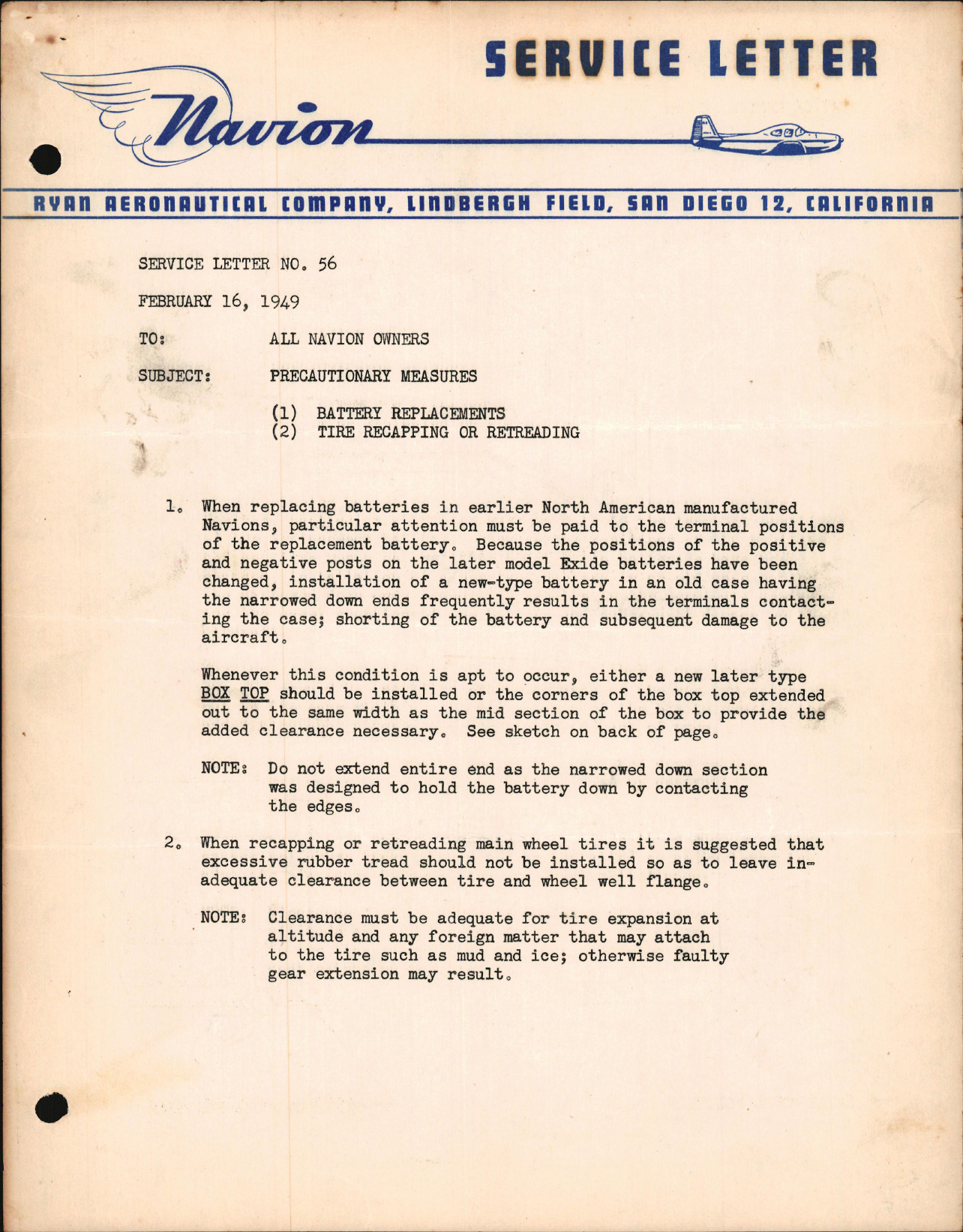 Sample page 1 from AirCorps Library document: Precautionary Measures, Battery Replacements, Tire Recapping or Retreading