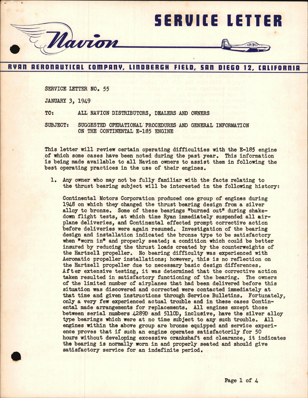 Sample page 1 from AirCorps Library document: Suggested Operational Procedures and General Information on the Continental E-185