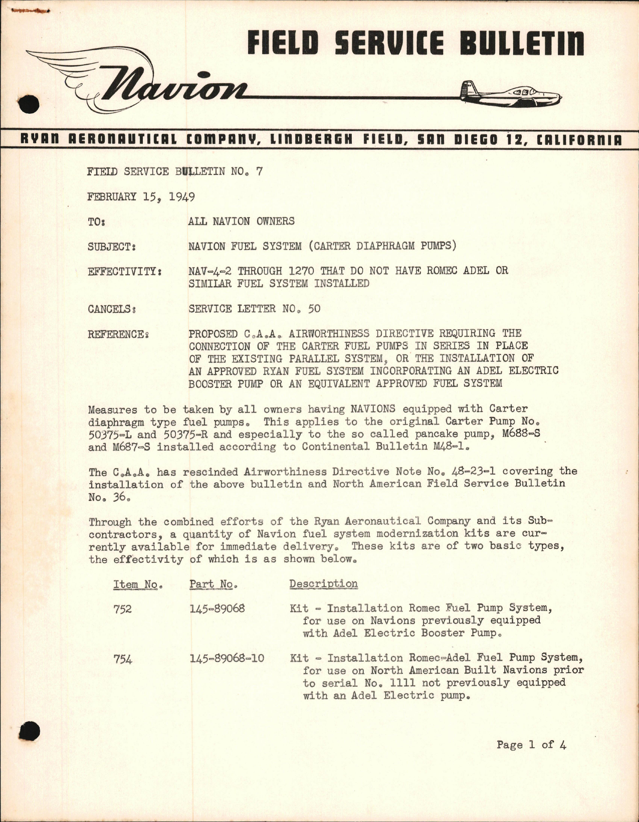 Sample page 1 from AirCorps Library document: Navion Fuel System ( Carter Diaphragm Pumps)