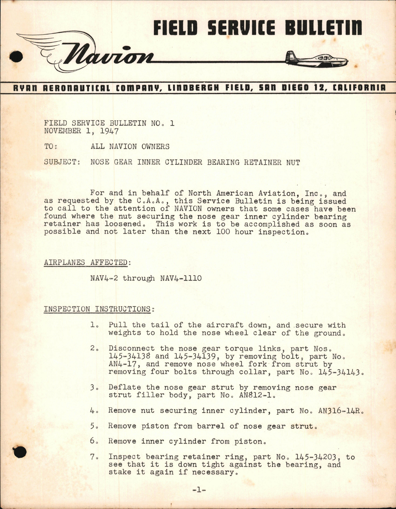 Sample page 1 from AirCorps Library document: Nose Gear Inner Cylinder Bearing Retainer Nut