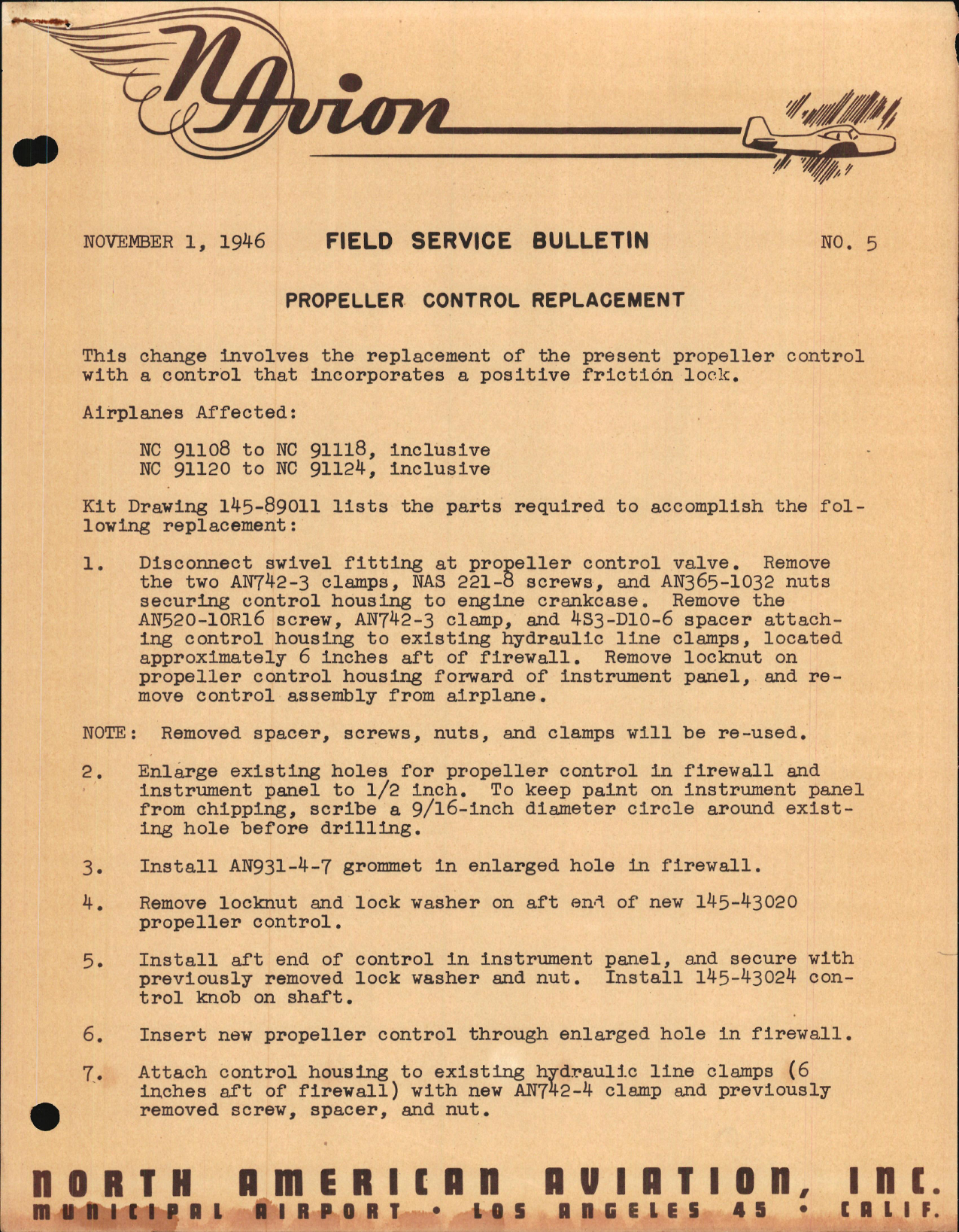 Sample page 1 from AirCorps Library document: Propeller Control Replacement