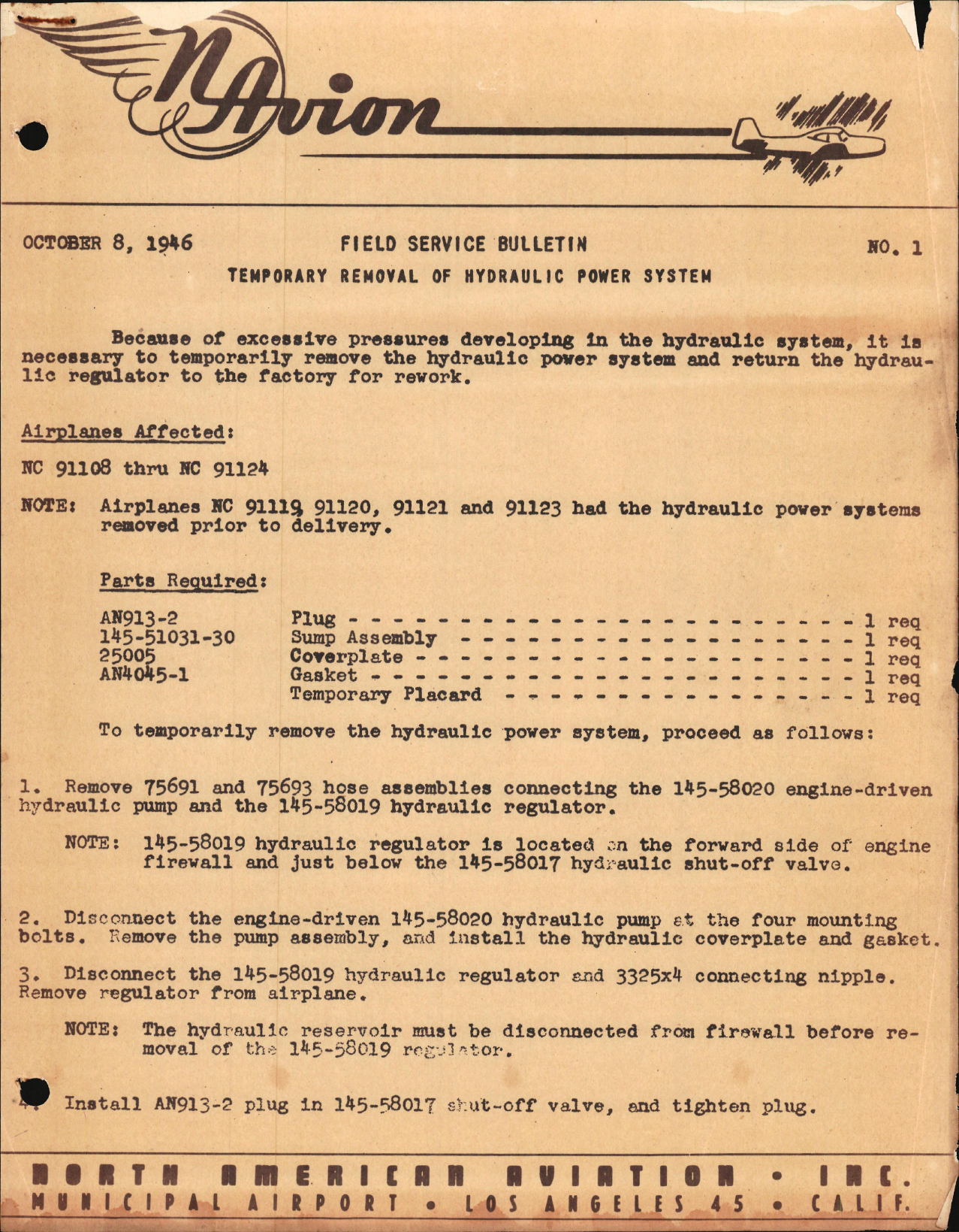 Sample page 1 from AirCorps Library document: Temporary Removal of Hydraulic Power System