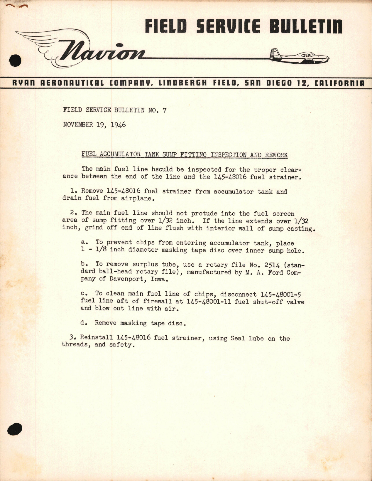 Sample page 1 from AirCorps Library document: Fuel Accumulator Tank Sump Fitting Inspection and Rework