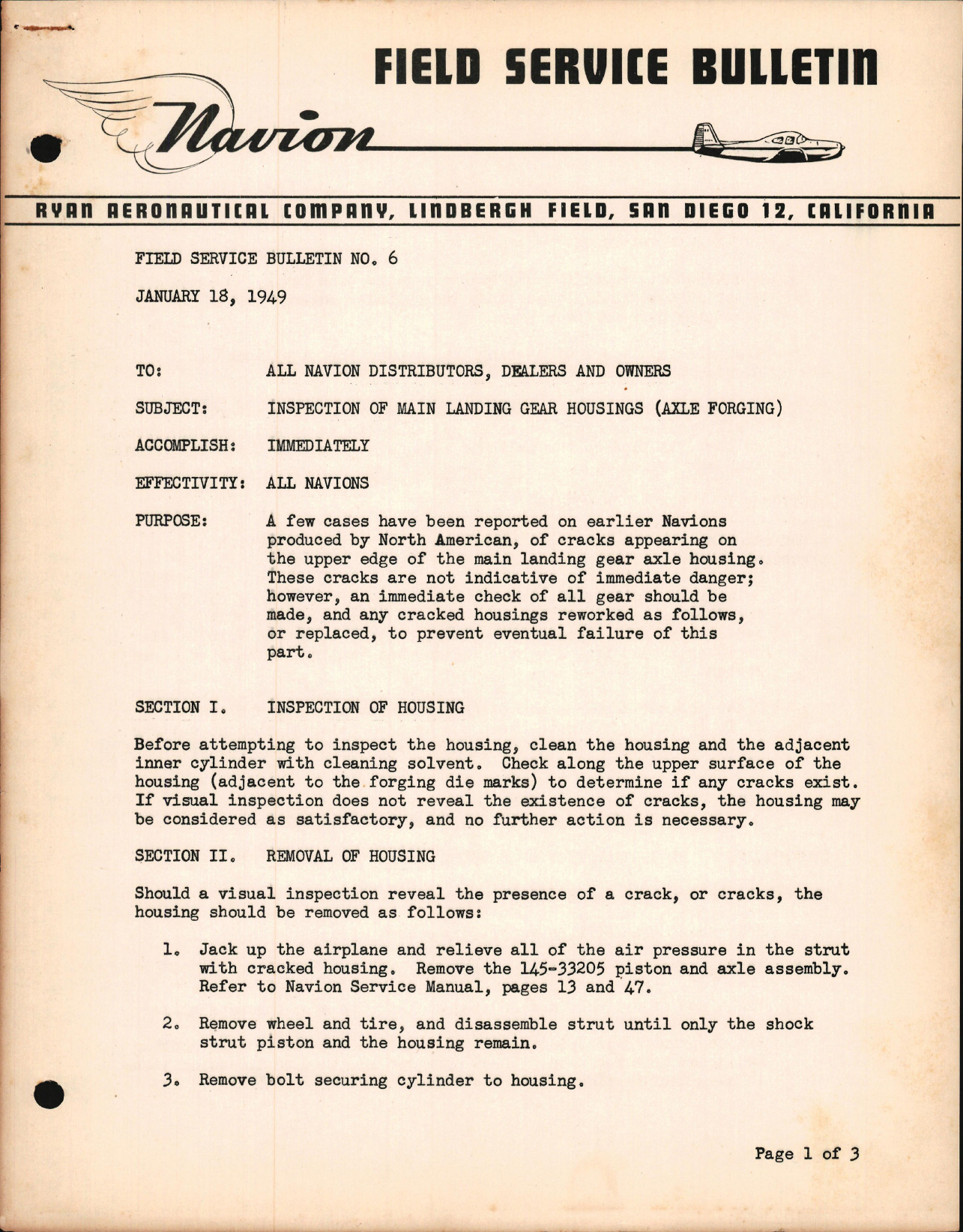 Sample page 1 from AirCorps Library document: Inspection of Main Landing Gear Housings (Axle Forging)